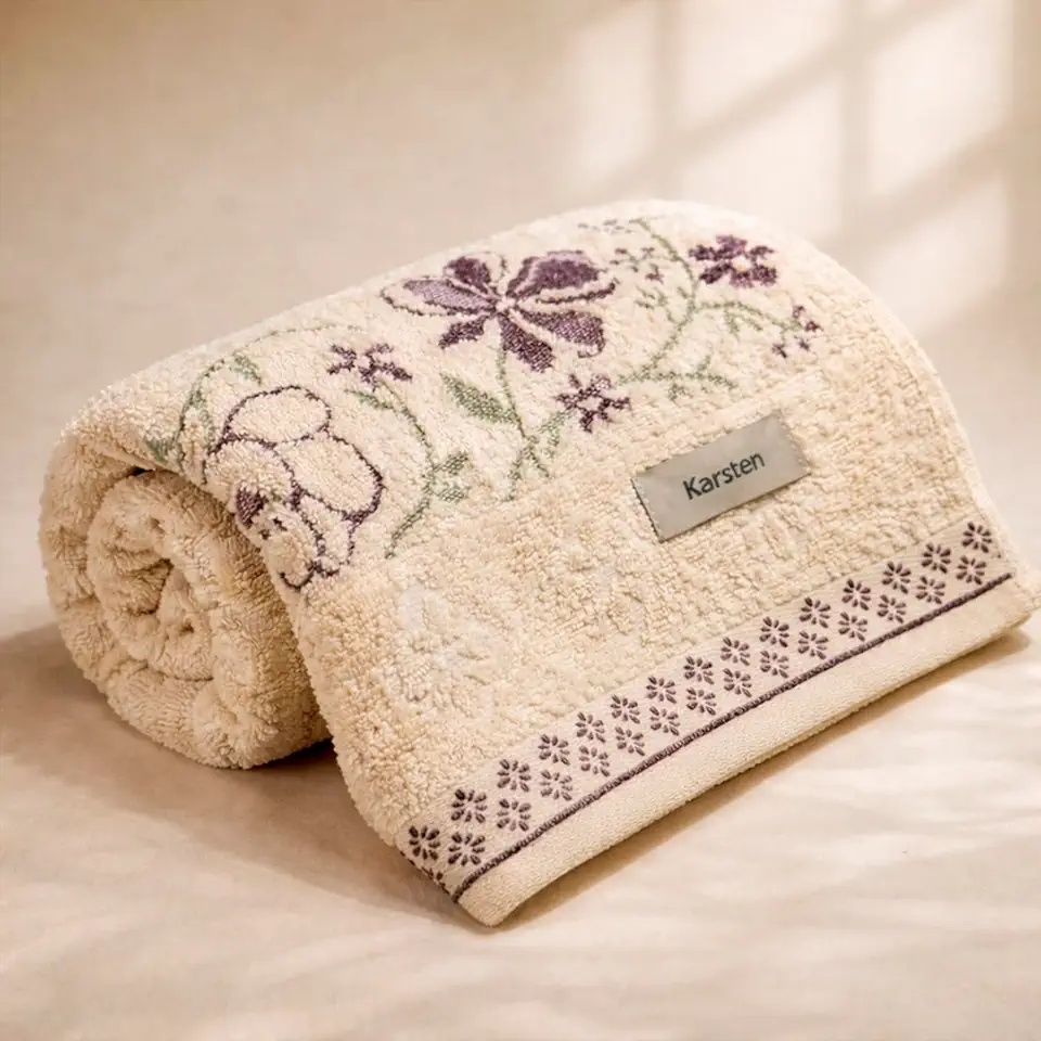Toalha de Banho Karsten Yuna 100% Algodão - Barra Floral Brilho Grossa Macia Antipilling - 70 x 135 (Bege 1105/29)