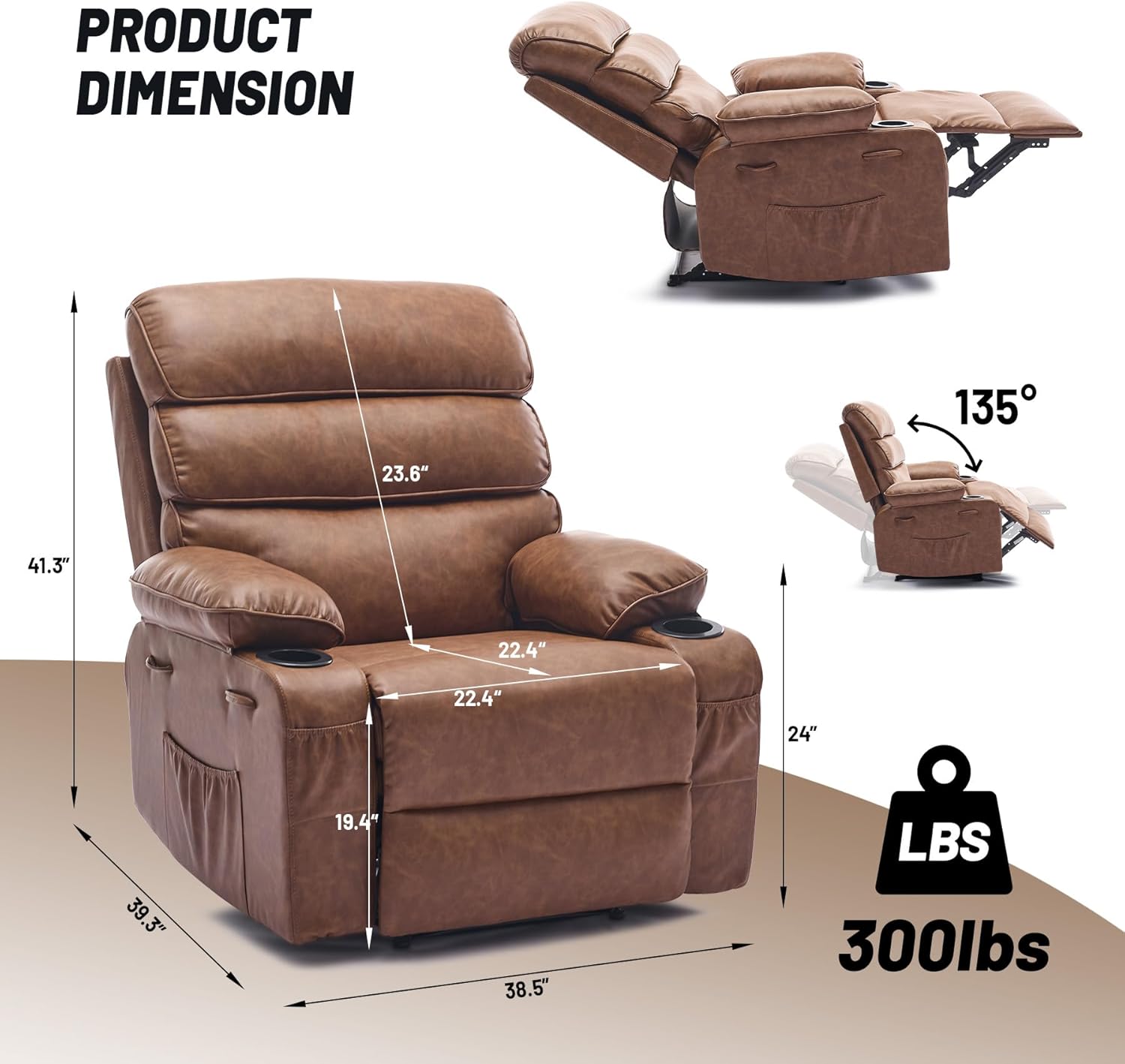 Recliner Chair Modern Ergonomic Lounge Single Sofa,PU Leather Rocker Recliner Chairs with Massage and Heat & Adjustable Backrest and Footrest for Adult,Nursery,Brown