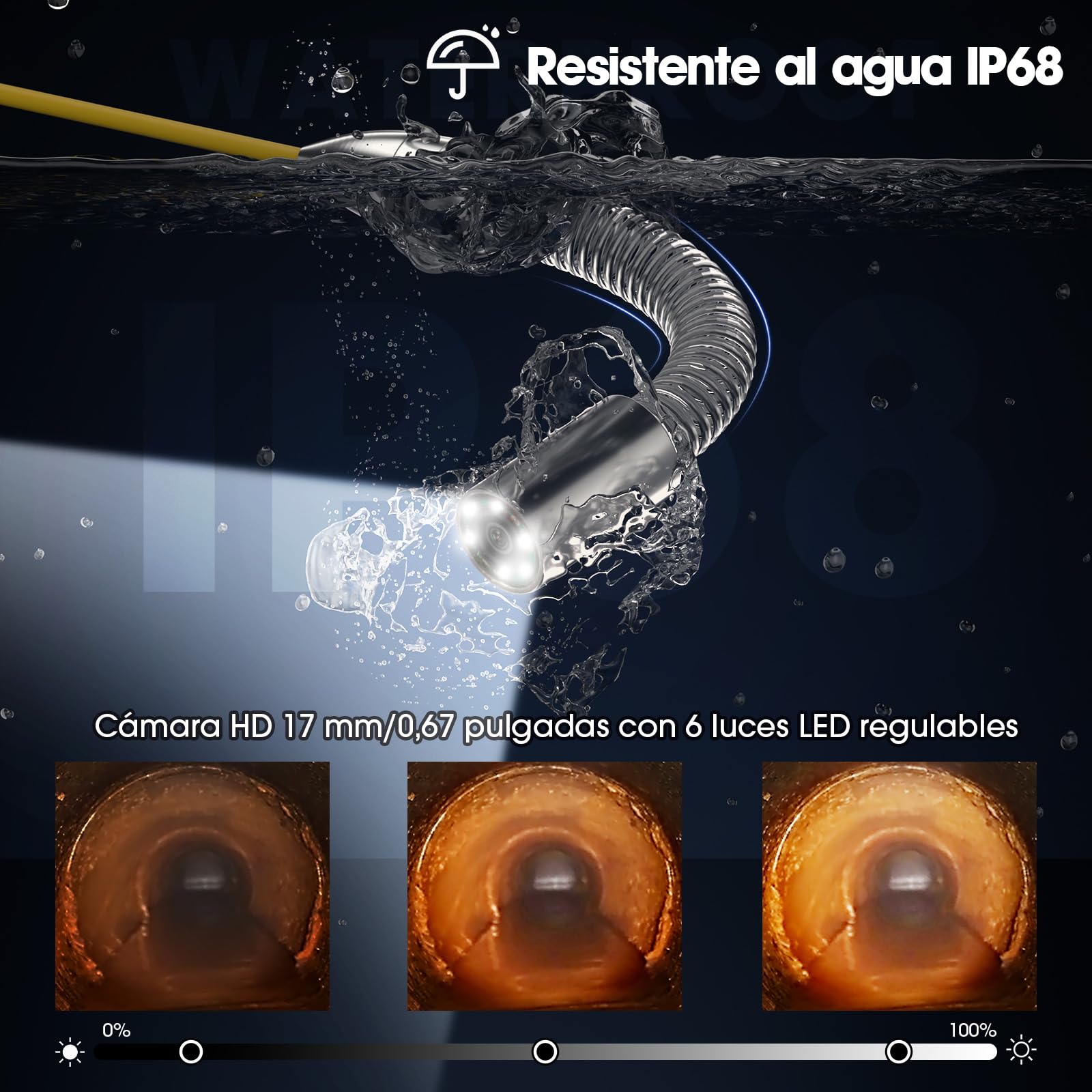 Cámara de Alcantarillado 50m, cámara de inspección de desagüe de tuberías de 4.3 Pulgadas con función DVR y 6 Luces LED, Endoscopio Industrial Impermeable IP68 de 17 mm