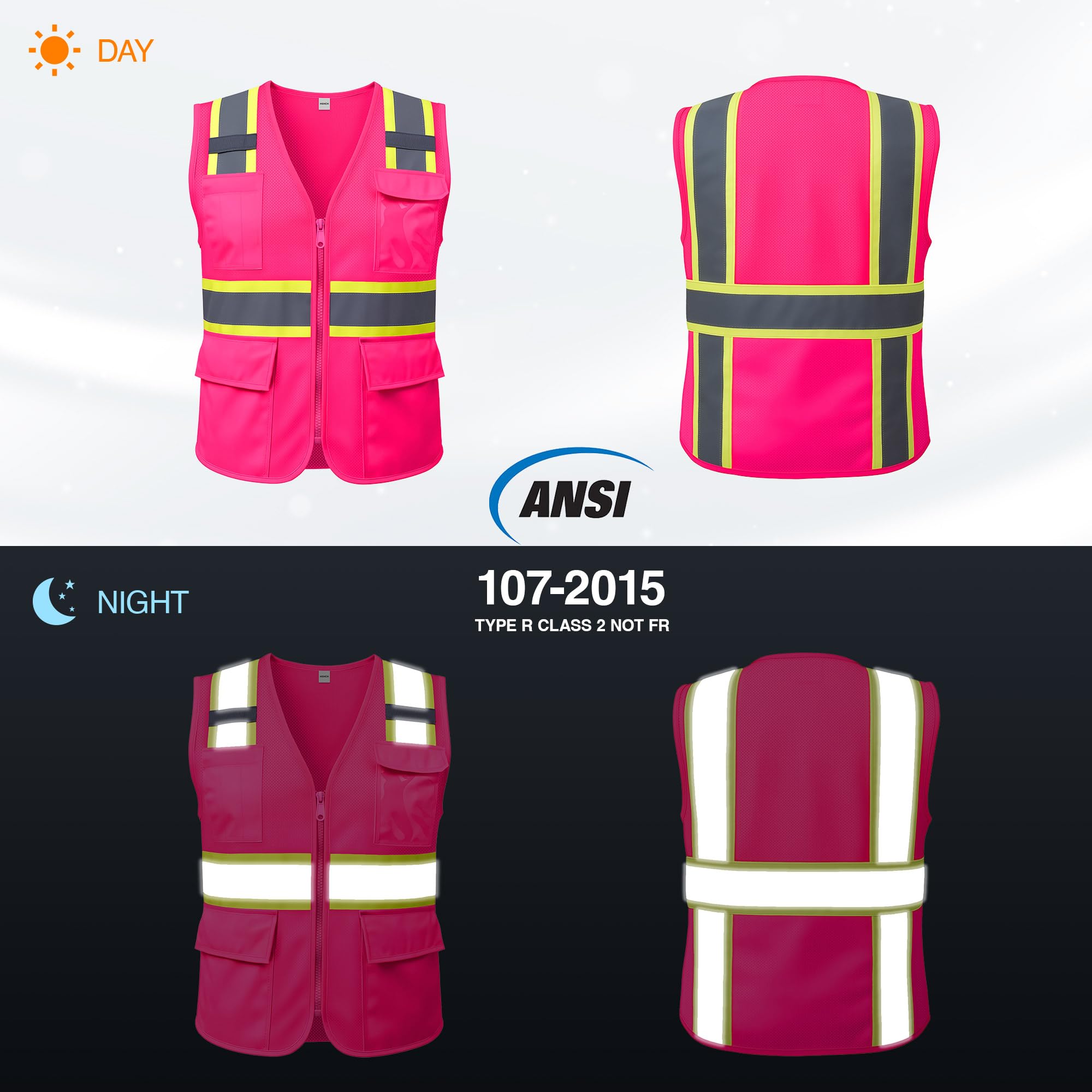 Chaleco de seguridad reflectante para mujeres y hombres, chaleco de alta visibilidad con bolsillos y cremallera, chaleco de construcción ANSI Clase 2