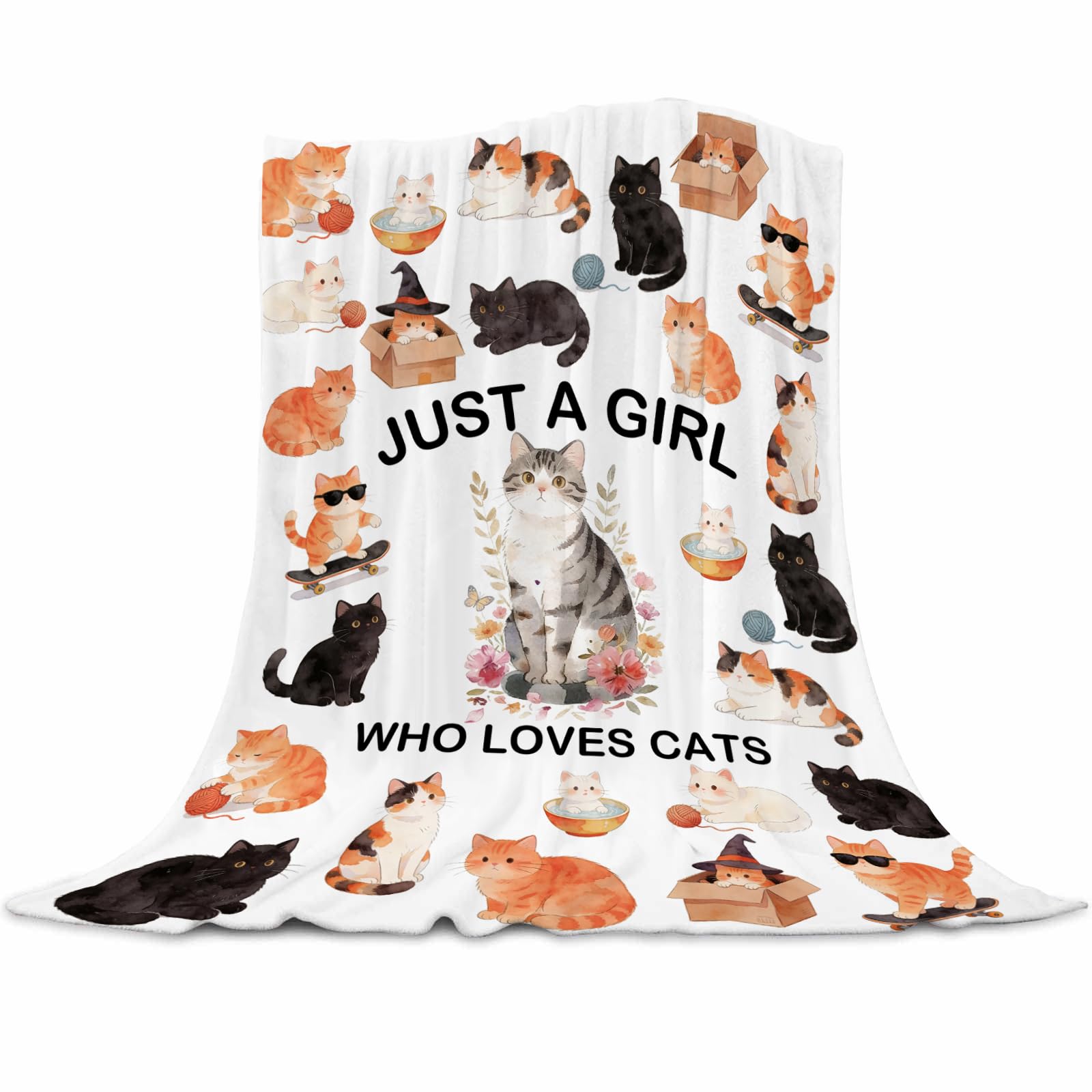 Qucarder Cat Blanket Gifts for Women Girls Just A Girl Who Love Cats Flannel Throw Blanket, Best Present Ideas for Cats Lover Blankets 100x130cm