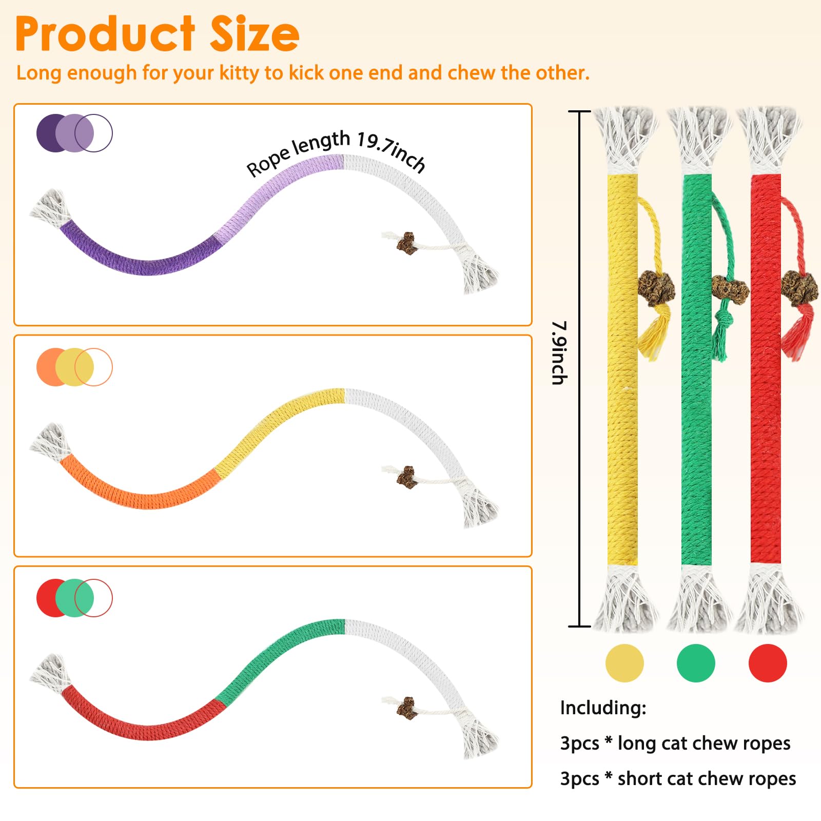 Tocirelo Lot de 6 jouets à mâcher en corde pour chat pour le nettoyage des dents, jouets interactifs pour transférer la mastication des fils, corde en coton avec boule naturelle de vigne d'argent