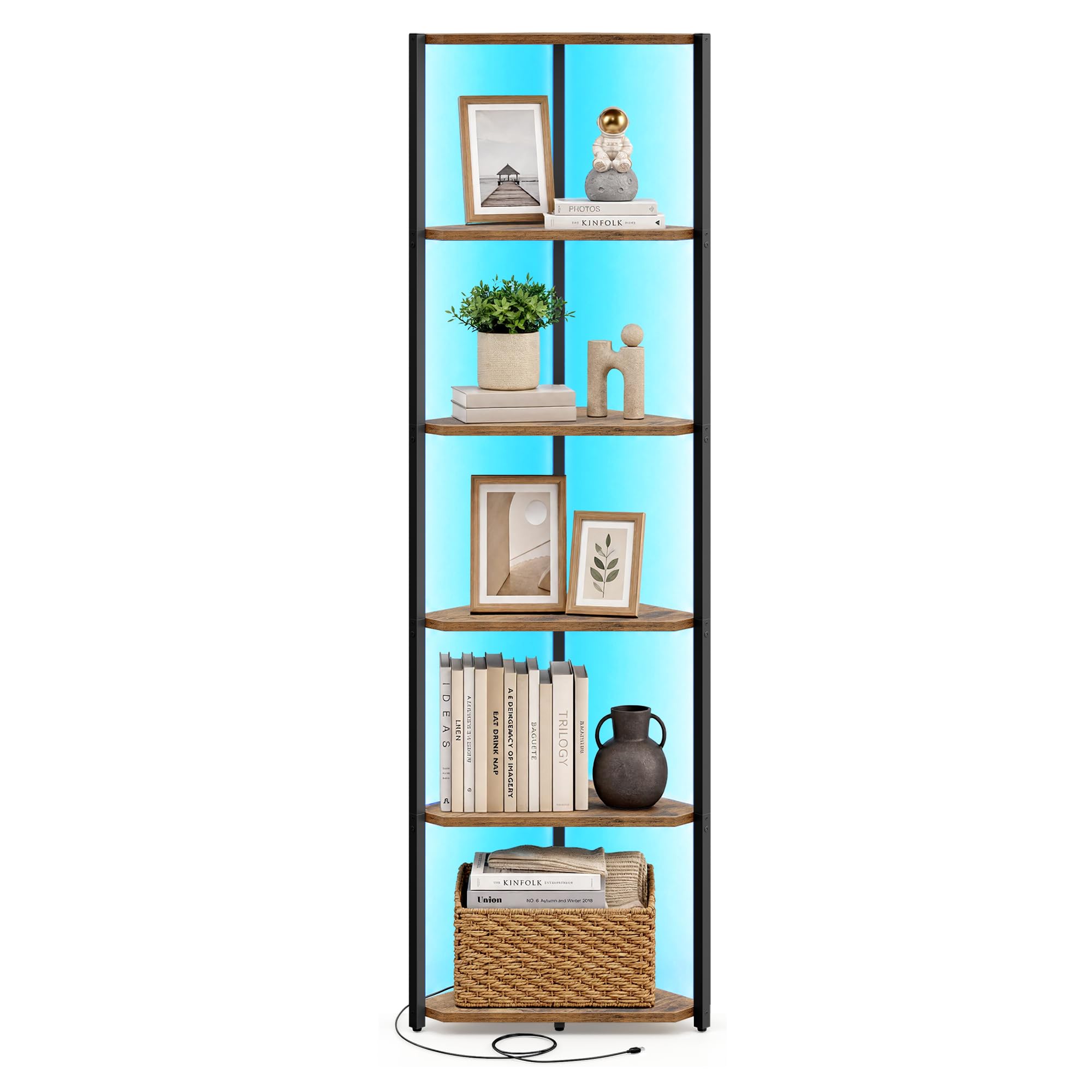 VASAGLE 6-Tier Corner Shelf, Bookcase with Adjustable LED Lights, Storage Shelf with Steel Frame, 48 x 24.8 x 182.1 cm, for Living Room, Bedroom, Study, Rustic Brown and Black LBC591KD01 — image 1