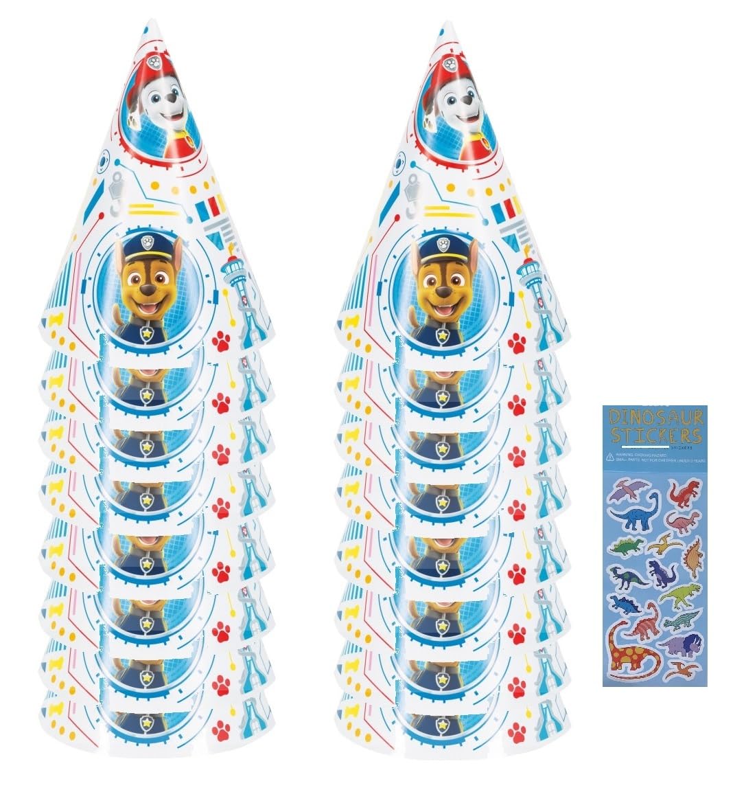Unique Paw Patrol Geburtstagsparty-Zubehör-Set enthält Partyhüte und 1 Esave Dinosaurier-Aufkleberbogen – 16 Hüte