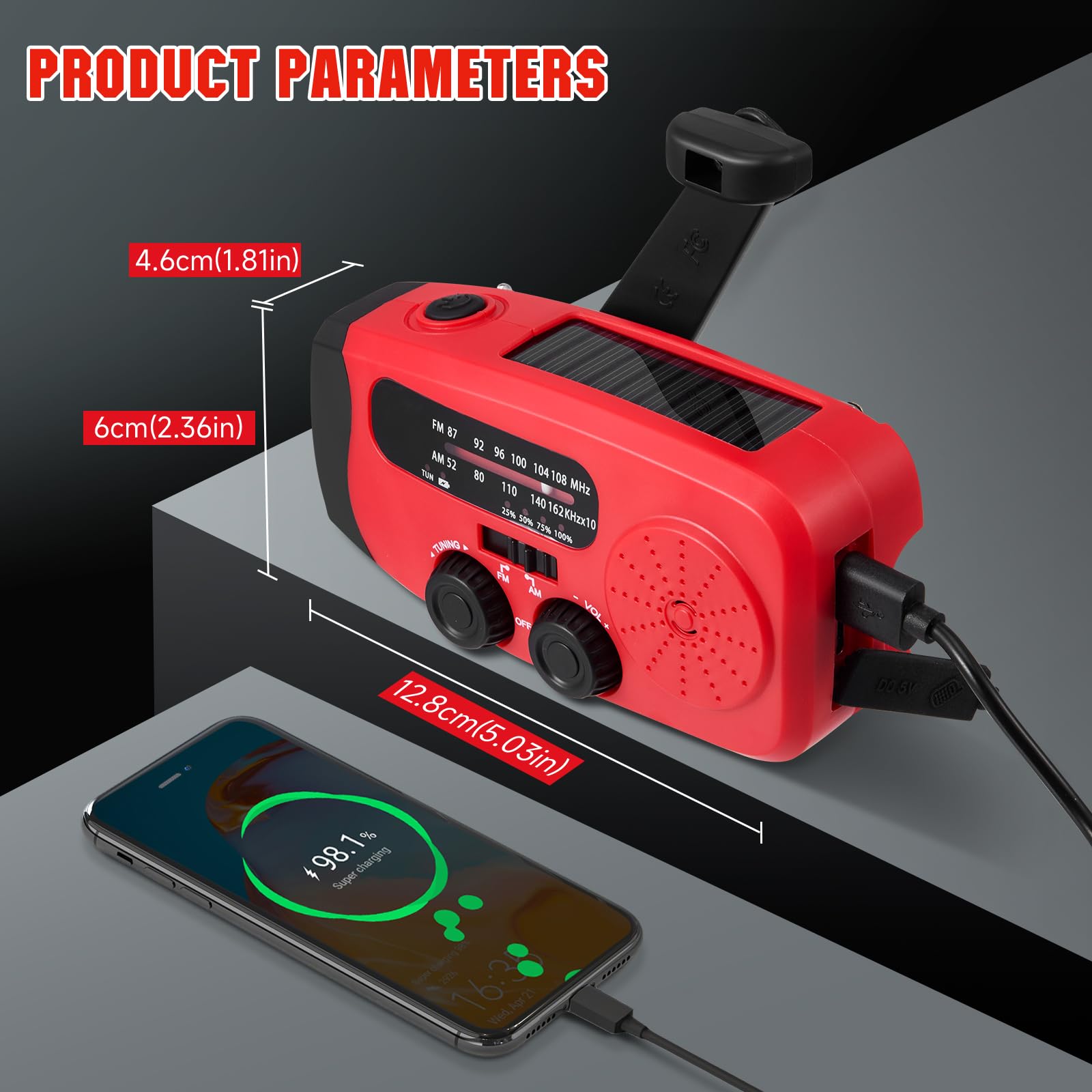 Radio Solaire d’Urgence, AM/FM Portable Radio Dynamo avec Lampe de Poche LED, Batterie 2000mAh,Radio à Manivelle, Idéal pour Camping, Randonnée, Panne de Courant et Kit de Survie