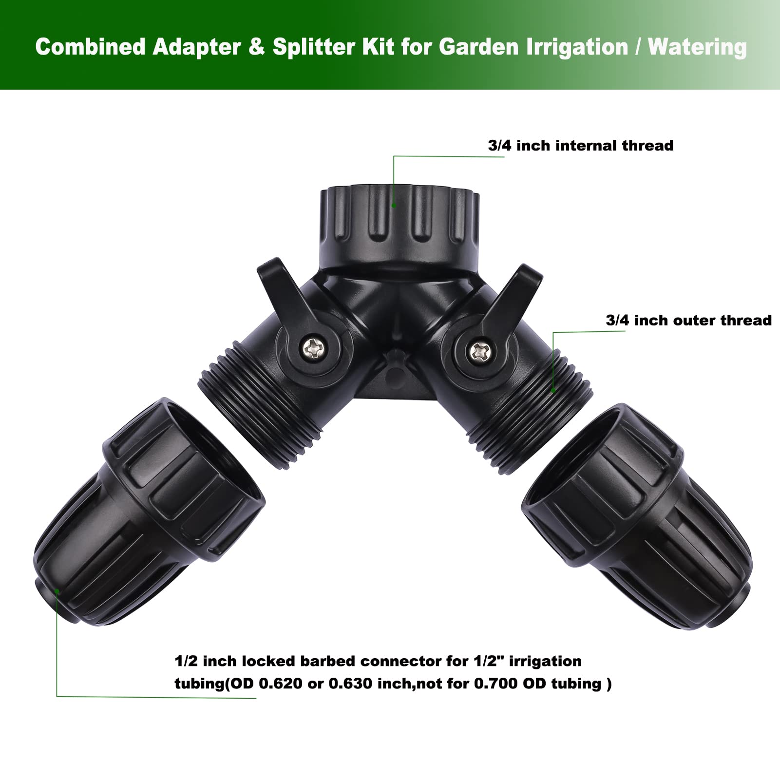Grifo de jardín de riego por goteo Conector divisor de adaptador en Y de 2 vías, 34 pulgadas FHT x 34 pulgadas MHT, válvulas de encendidoapagado, grifo de 34 pulgadas a adaptadores de