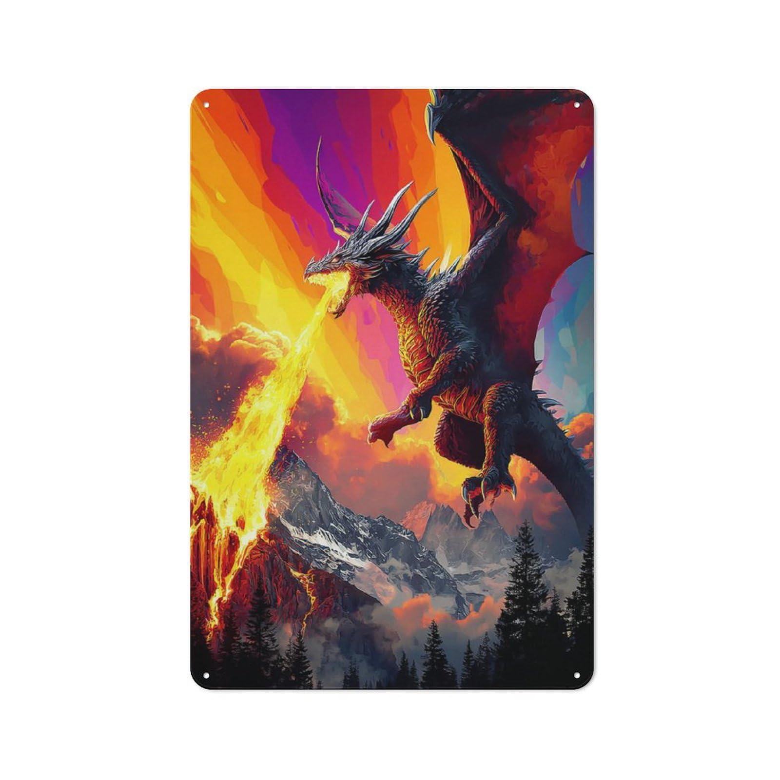 Junmoney Dragon Breathes Fire Over Volcano Vintage Tin Sign 30X20cm Featuring For Workshop Wall, Gift For Metal Sign Collectors During The Christmas Season