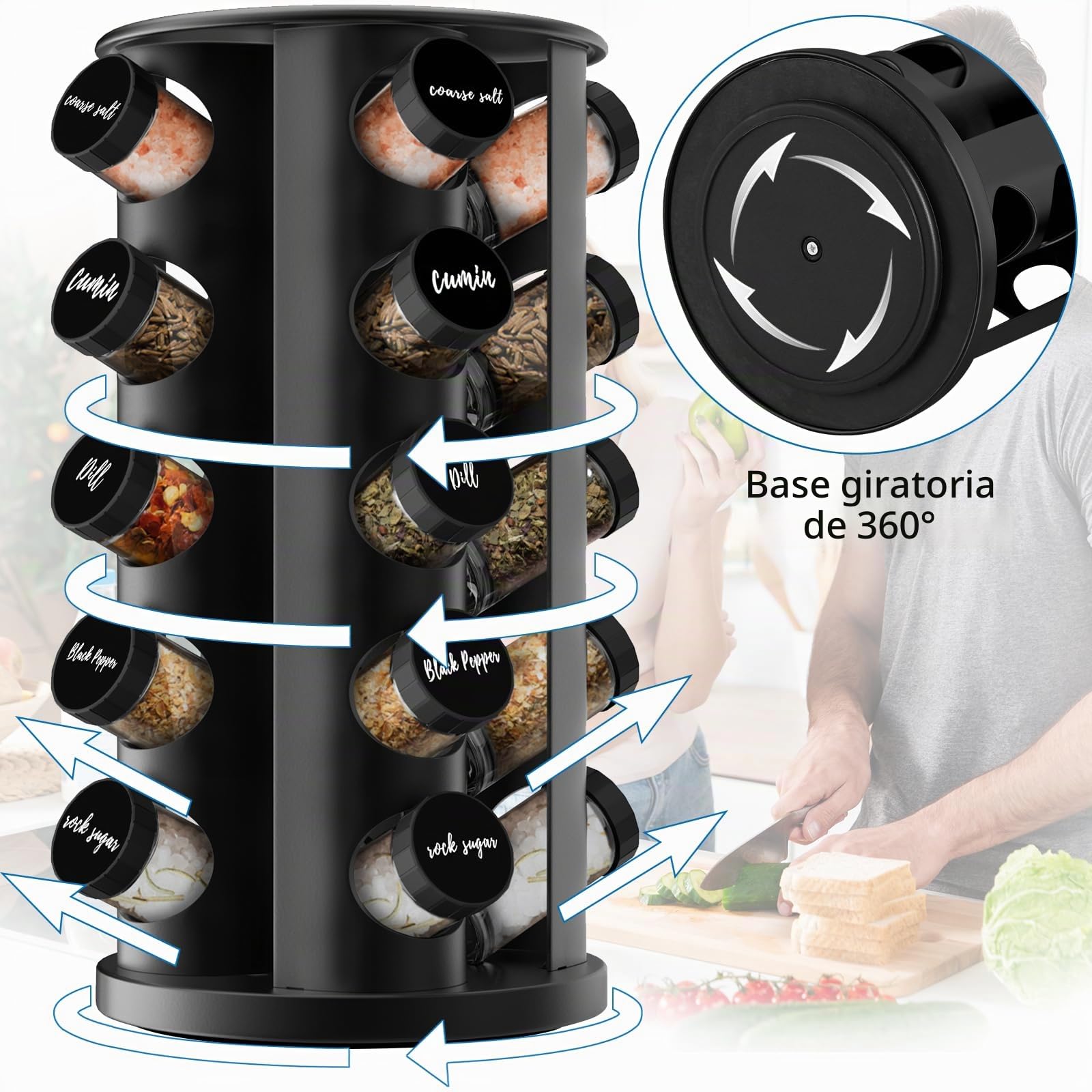 Estante giratorio de especias con 20 vasos de especias,Acero inoxidable | Estante giratorio, Con pegatinas, Funda plegable, Para placa de trabajo o armario