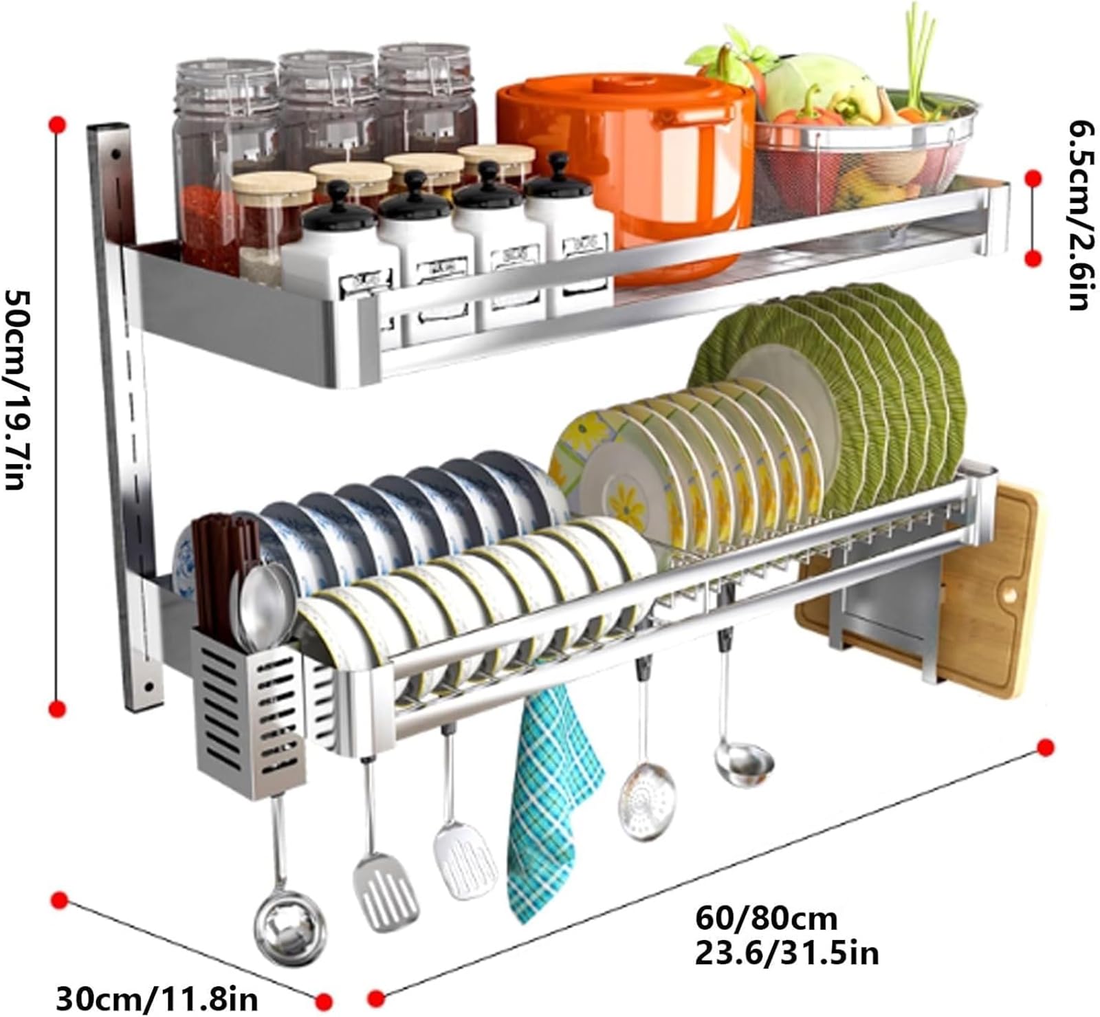 Escurridor De Platos Colgante De Montaje En Pared,con Bandeja De Goteo,estante Para Cubiertos Y Soporte Para Tabla De Cortar,estante De Cocina De Acero Inoxidable De 2 Niveles(Size:23.6x11.8x19.7in)