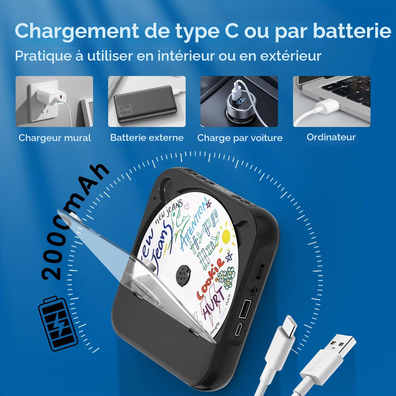 Lecteur CD portable avec Bluetooth, petit lecteur CD rechargeable, haut-parleurs HiFi intégrés, lecteur CD Walkman avec écouteurs, écran LCD, prise en charge CD/AUX/USB/répétition, noir