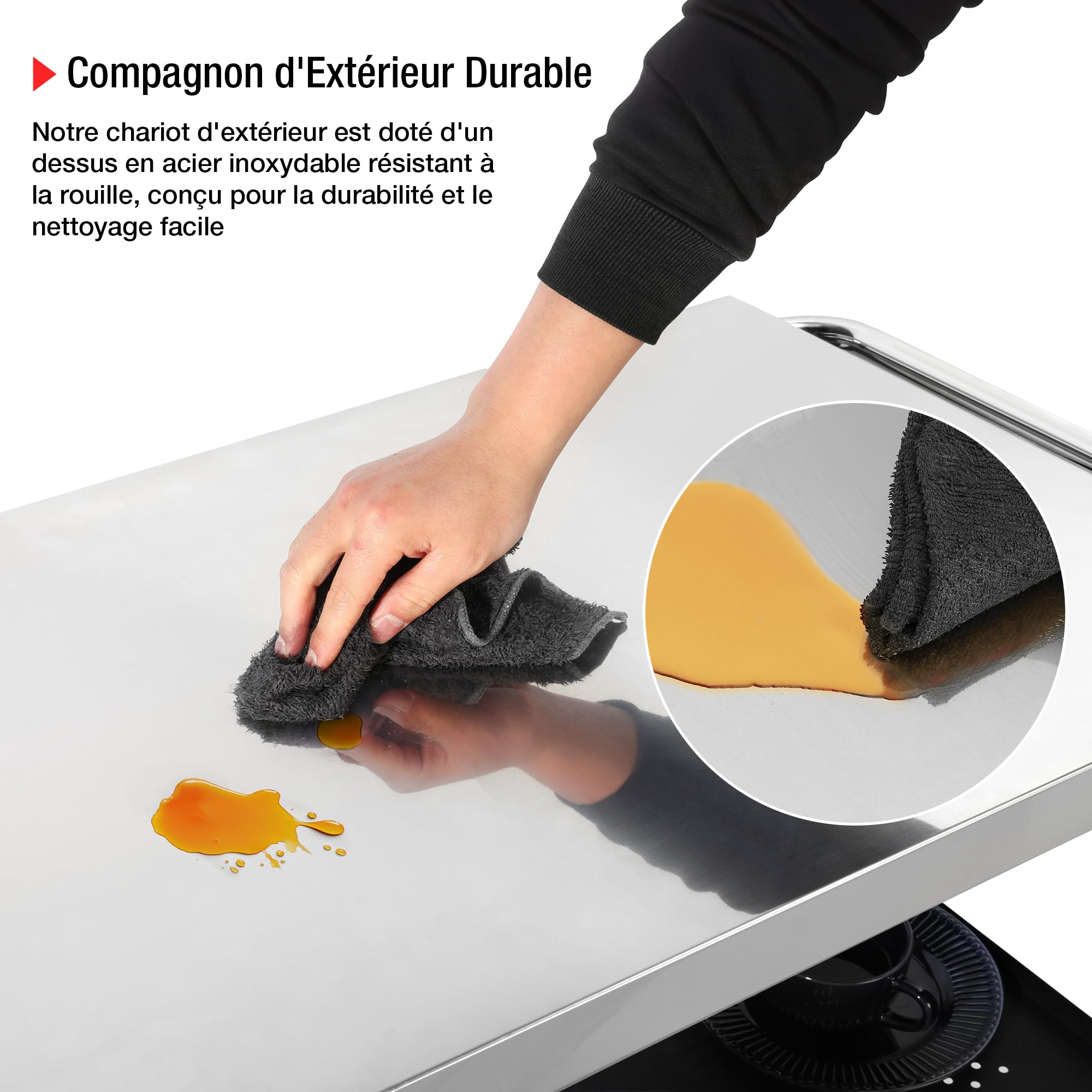 PARGRILL Chariot de Service en Acier Inoxydable à 3 Niveaux, Chariot Barbecue Extérieur avec Table d'appoint Pliable, Desserte à roulettes Pivotantes à 360° avec Frein, pour Cuisine, Barbecue, Jardin
