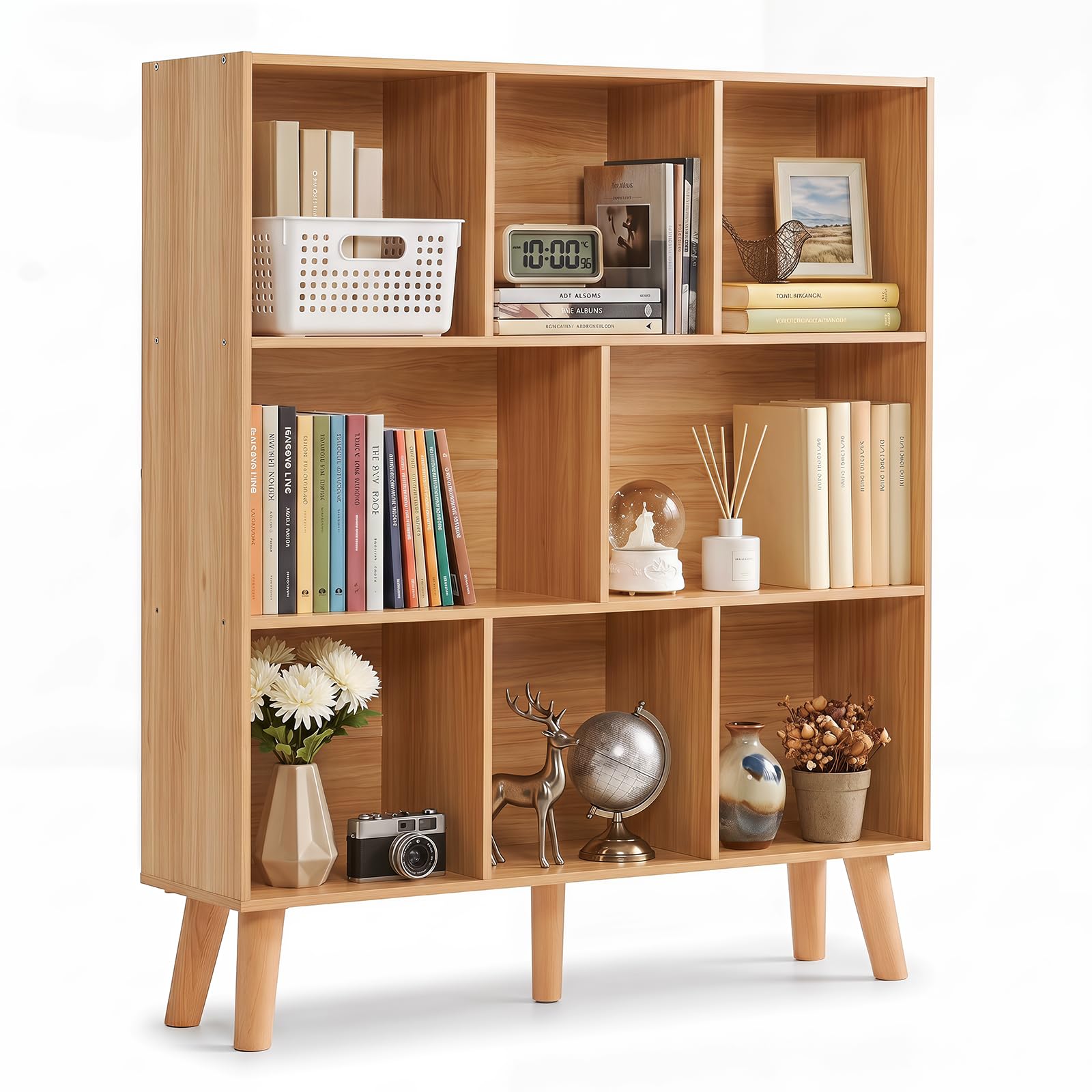 YAHARBO 8 Cube Natural Bookshelf,4 Tier Book Shelf with Legs,Modern Minimalist Bookcase,Open Book Shelves Storage Organizer,Frees Standing Wooden Display Bookcases for Small Space,Bedroom,Living Room
