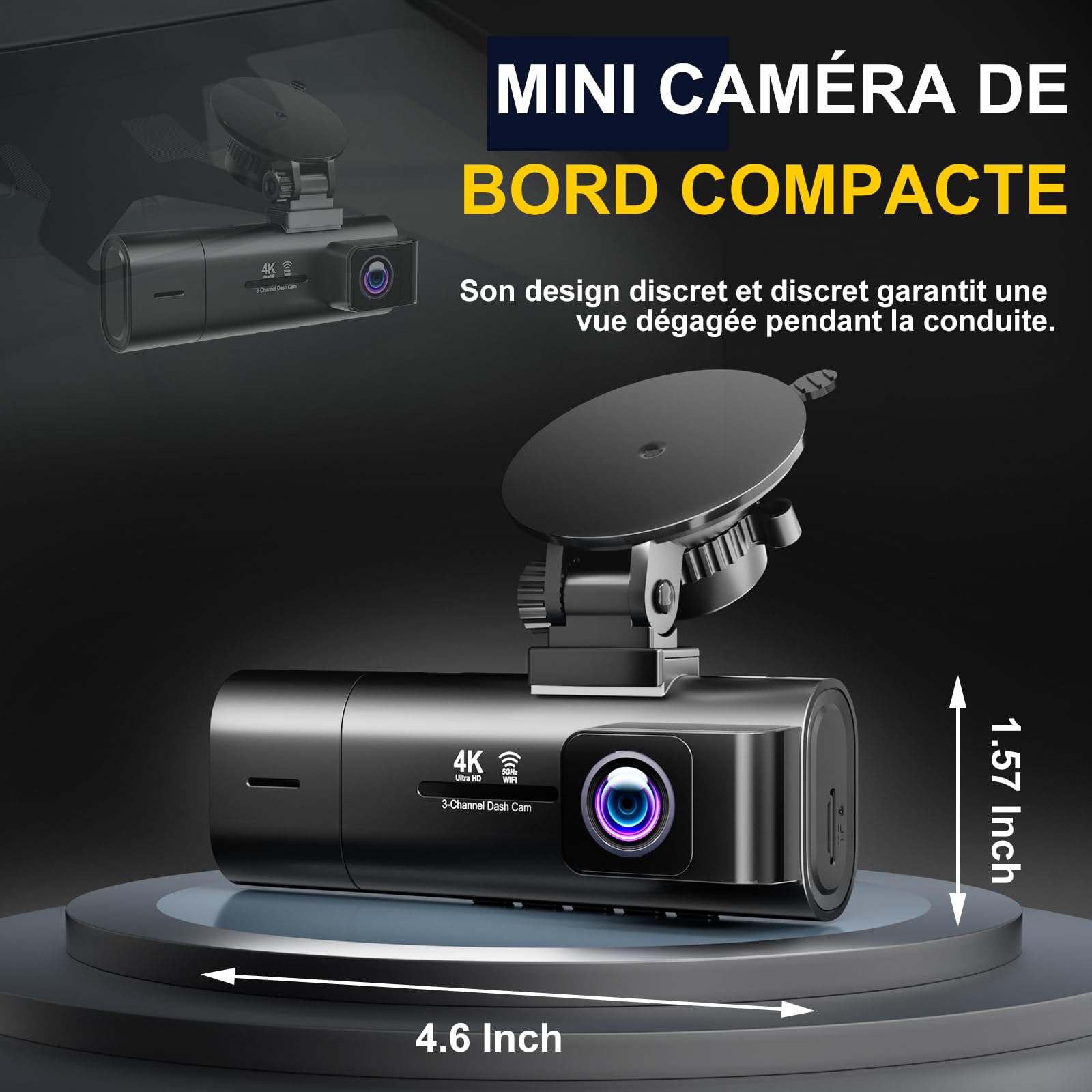 Caméra embarquée avant et arrière à 3 canaux pour voiture, caméra de voiture WiFi 5G avec carte SD 64 Go, 4K + 1080p + 1080p triple objectif