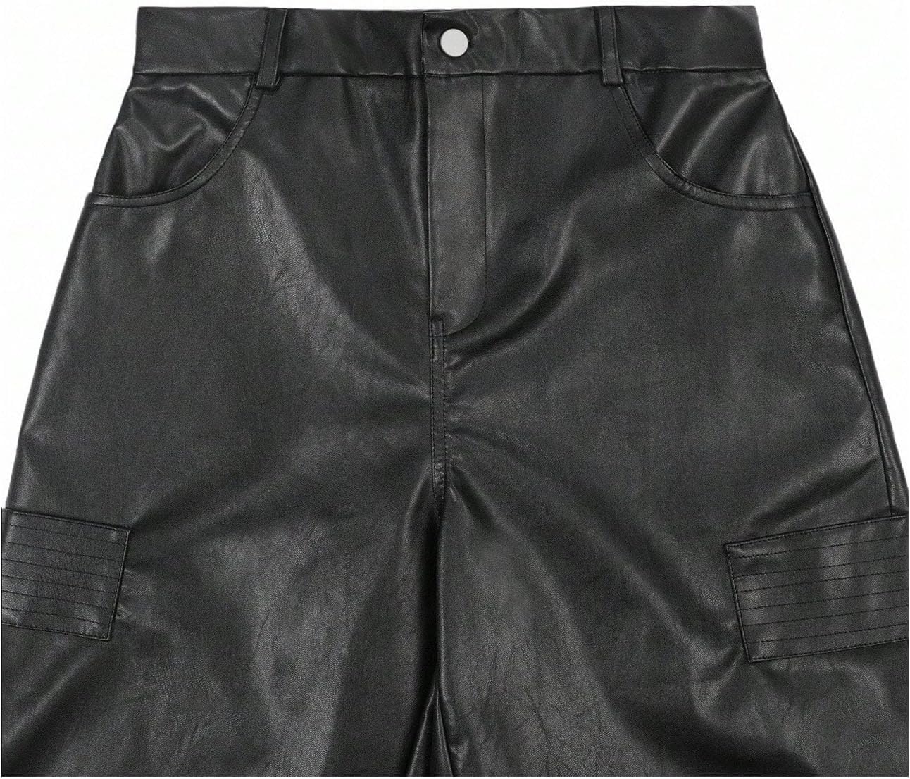 Men's Faux Leather Cargo Pants Y2K Wide Leg Baggy Trousers Straight Leg Leather Pants with Pockets Streetwear - Image 4