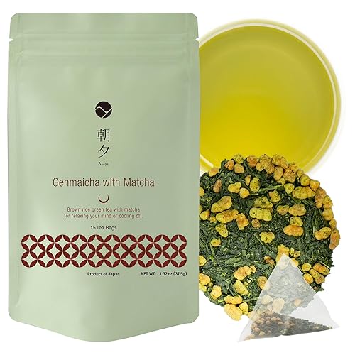 Asayu Japan Genmaicha con té verde japonés matcha, 15 bolsas de té, arroz integral tostado con polvo de té de grado ceremonial Macha, 100% fabricado