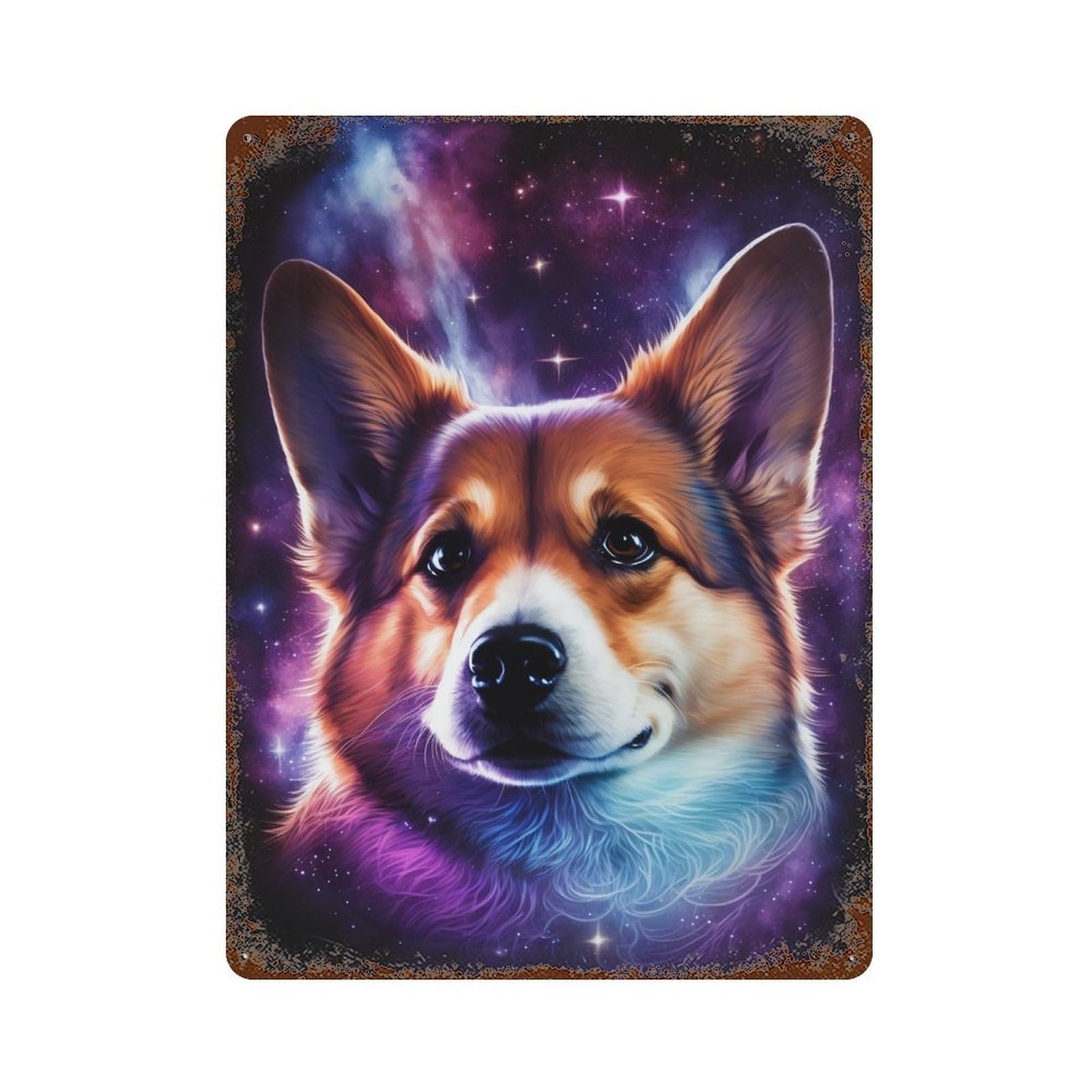 Cosmic Corgi Portrait Print Distressed Metal Wall Sign 15.7"x11.8", Rustic Home Decor for Living Room, Hallway And Home Decor
