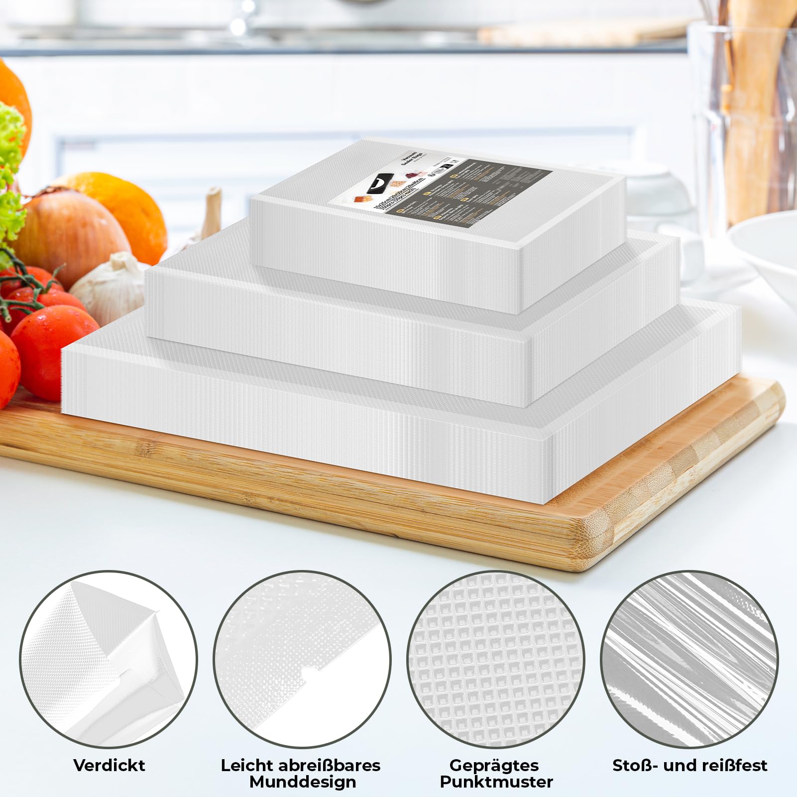 Vakuumierbeutel 150 Beutel, Profi Vakuumierfolie Vakuumbeutel 15x25cm/20x30cm/28x40cm für Vakuumierer & Lebensmittel Lagerung & Sous Vide Geeignet, Gefrierbeutel BPA-frei & Reißfest
