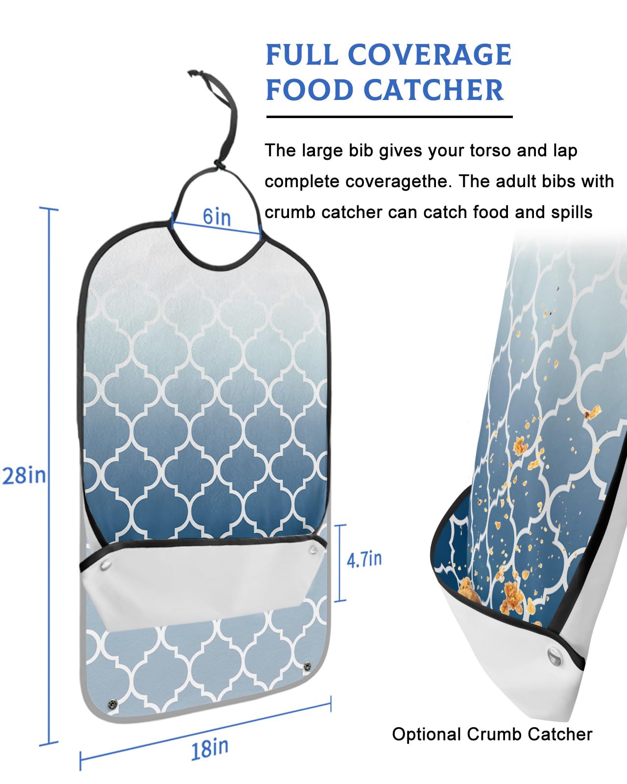 Navy Blue White Ombre Morocco Pattern Adult Bibs for Eating, Waterproof Bibs with Food Catcher & Adjustable Snap Closure, Modern Moroccan Geometric Clothing Protectors Adult Bibs for Elderly Women/Men