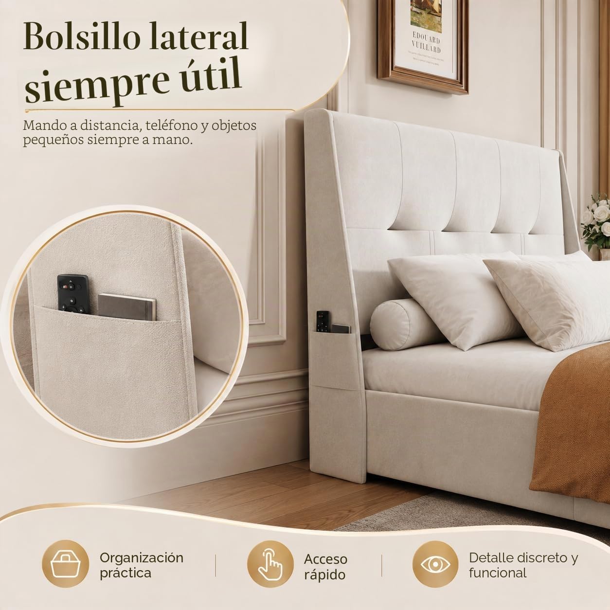 Cama Acolchada De Matrimonio 160 X 200 Cm, Estructura Para Cama Con LED, Almacenamiento De Elevación Hidráulica, Respaldo Cómodo, Somier De Láminas, Franela Beige