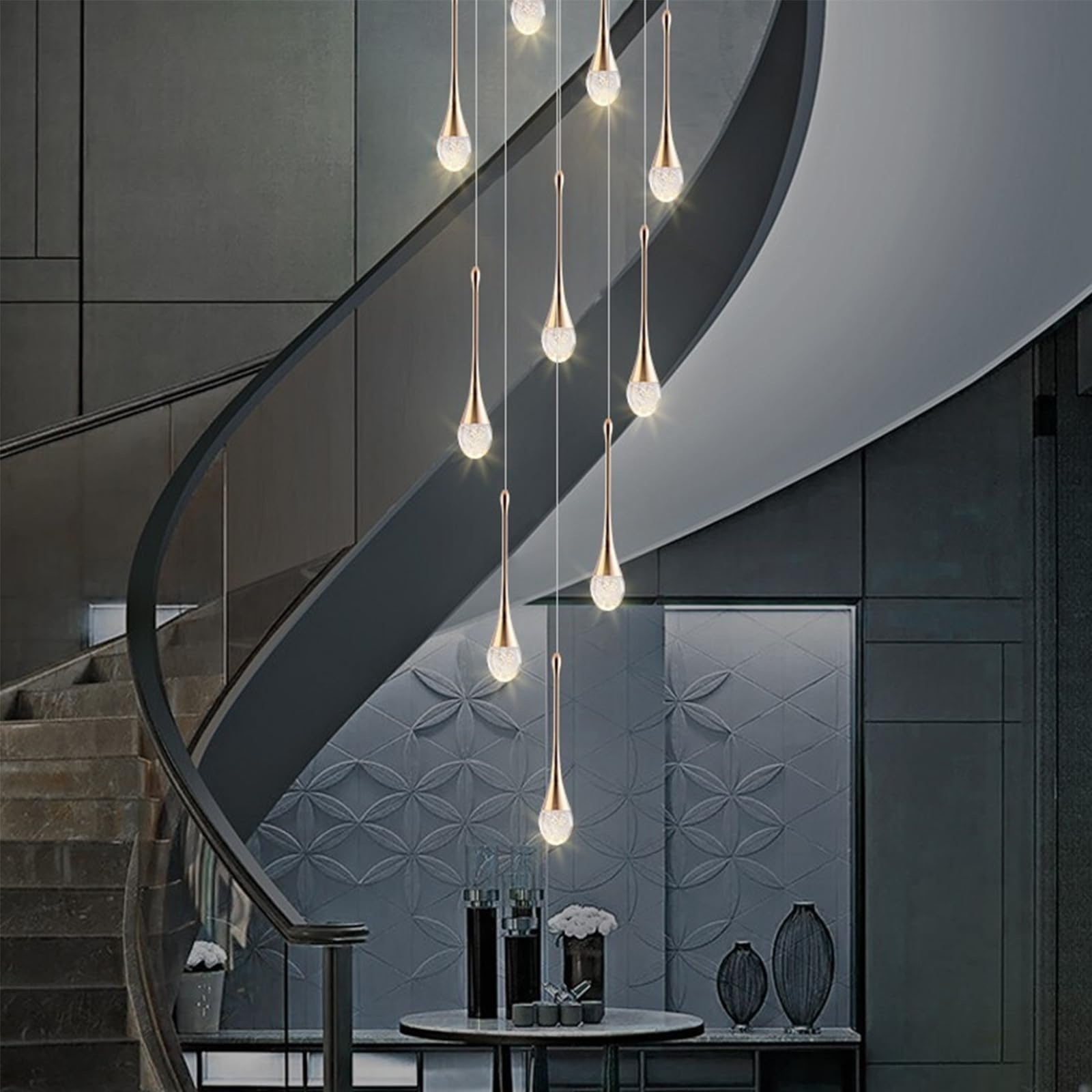 PCXEHUYP LED Chandelier Staircase Modern Water Drop Pendant Lighting for Villa Duplex Long Lamp,8 Heads