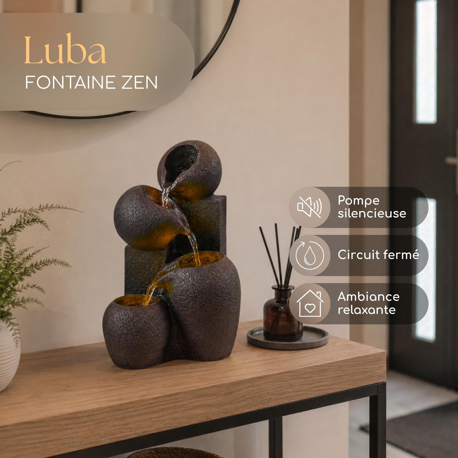 Fontaine d’Intérieur Cascade 4 Niveaux Jarre Effet Pierre Naturelle Lumière LED Coloré, Déco d’intérieur Zen et Élégant, Fontaine de Table, Idée Cadeau Exceptionnelle, H 25cm – Luba Zen’Light