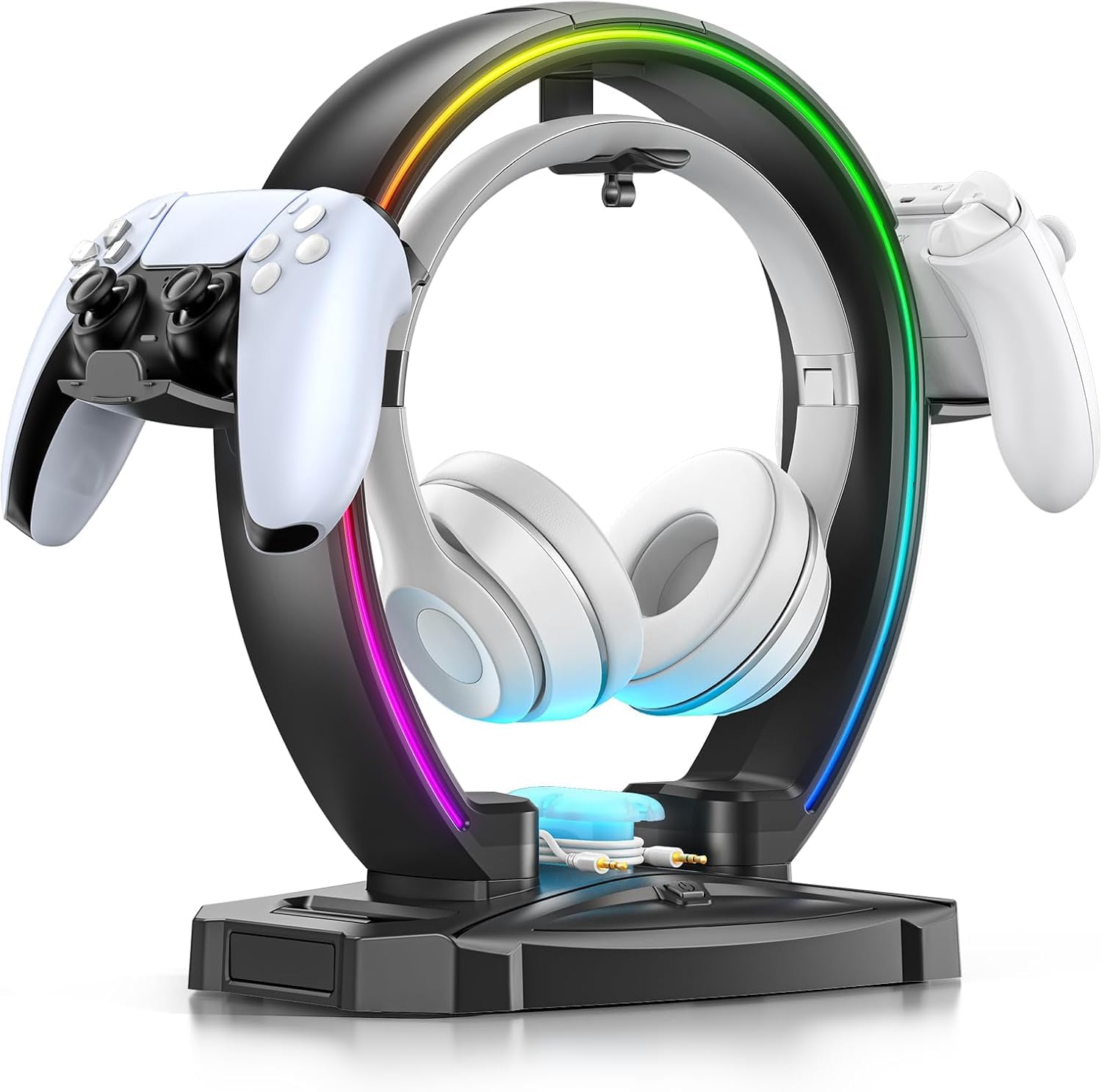 Supporto RGB per cuffie e controller con 9 modalità di illuminazione, gancio pieghevole per controller da scrivania, supporto per auricolari con organizer per cavi, per gamer, accessori