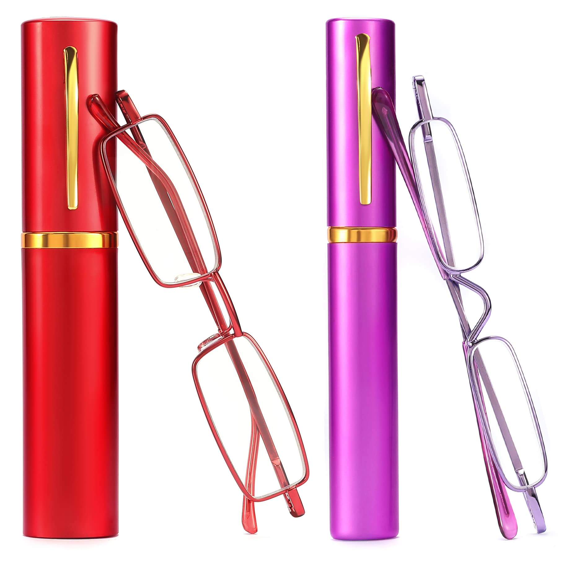 touk Small Portable Reading Glasses Anti Blue Light UV, Compact Slim Pocket Readers with Mini Pen Clip Tube Case 2 Pairs