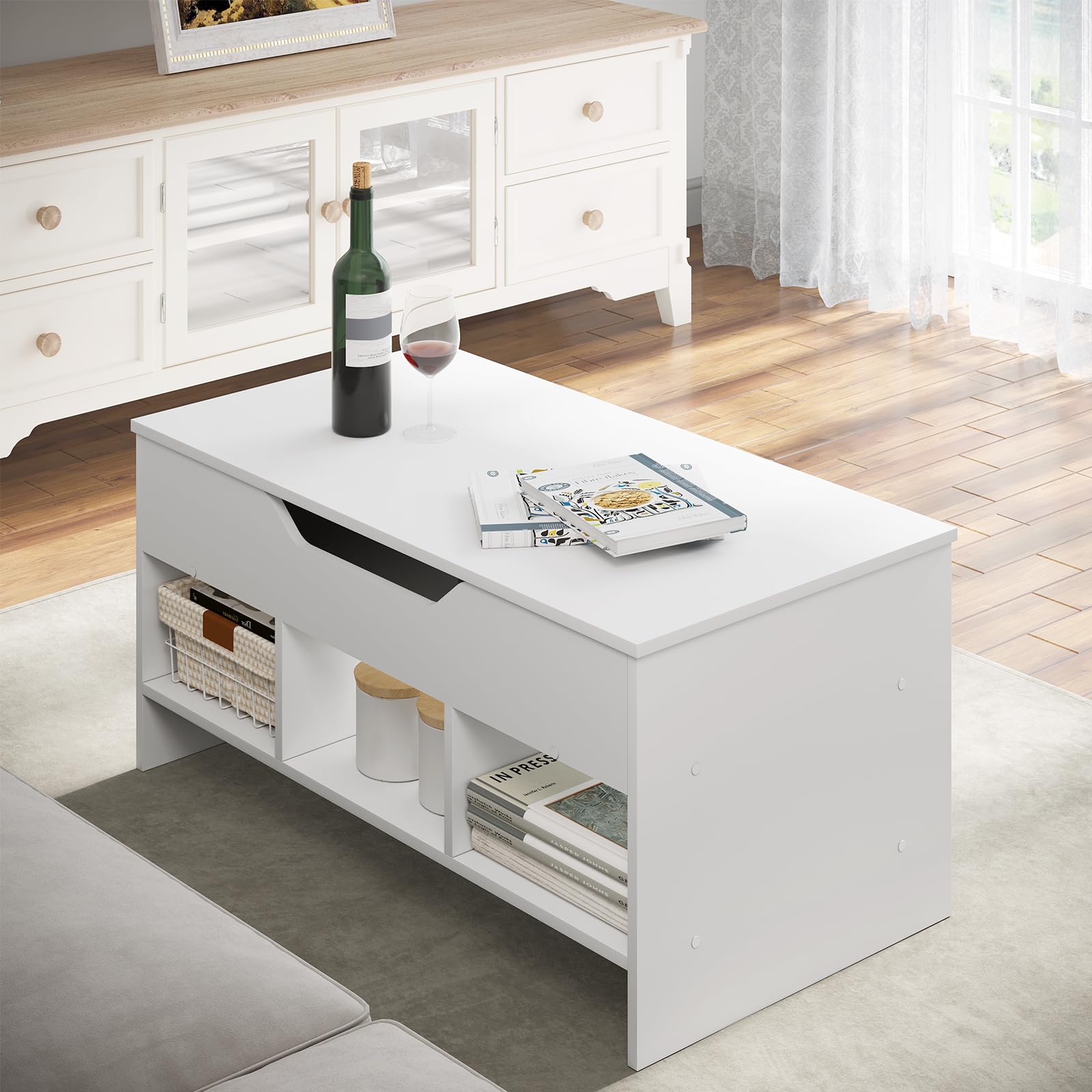 WOLTU Mesa de Centro Elevable y Extensible con Superficie Elevable | 3 Estantes Abiertos,Fácil de montar，Capacidad de carga máxima 30 kg,Mesita Pequela para Salon,Blanco,95x(40-55.5)x50 cm