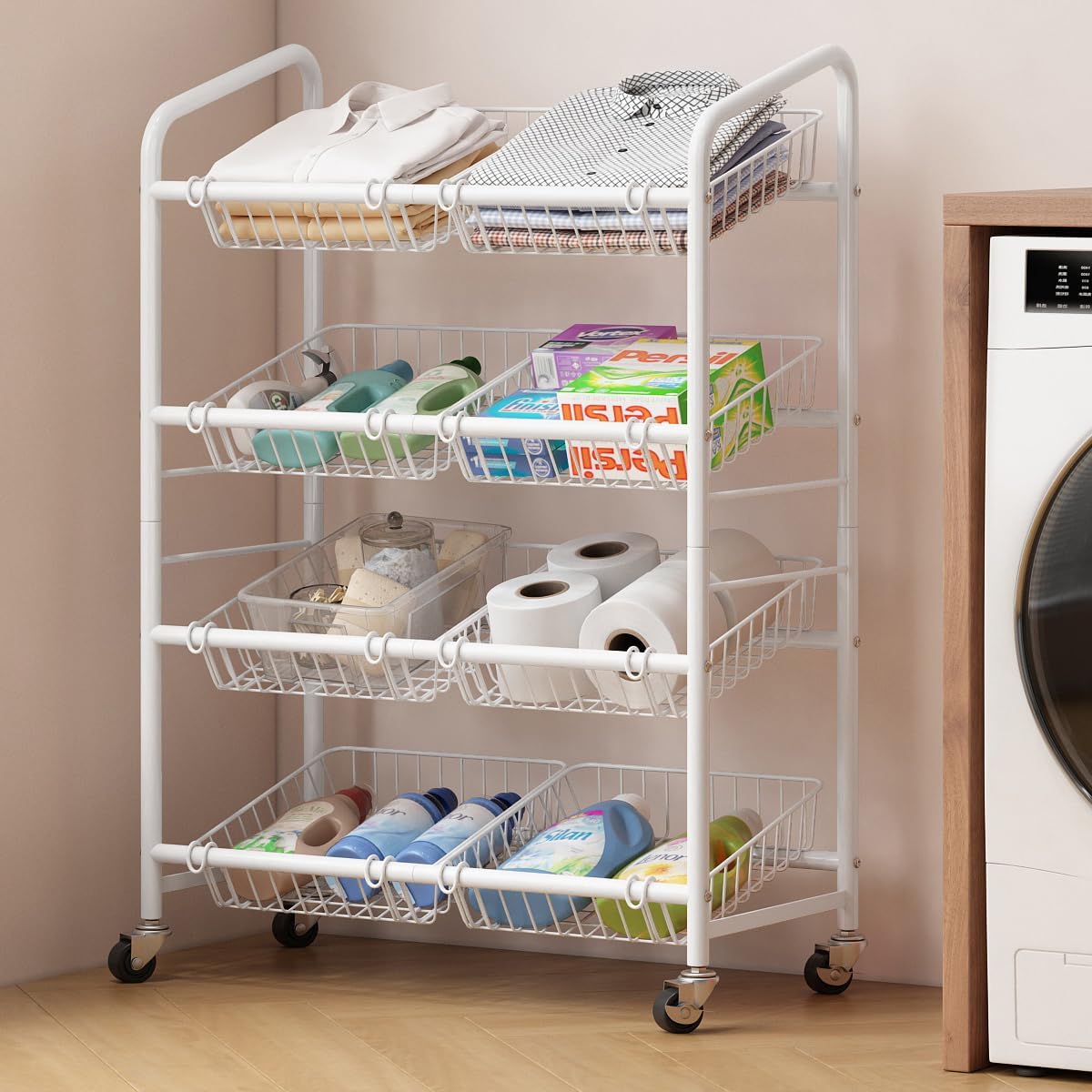 UMDONX Fruit Basket Storage Cart with 8 Baskets and Wheels – Rolling Metal Kitchen Organizer for Fruits, Vegetables, Snacks & Pantry – Space-Saving Multi-Purpose Storage Rack for Home & Apartment