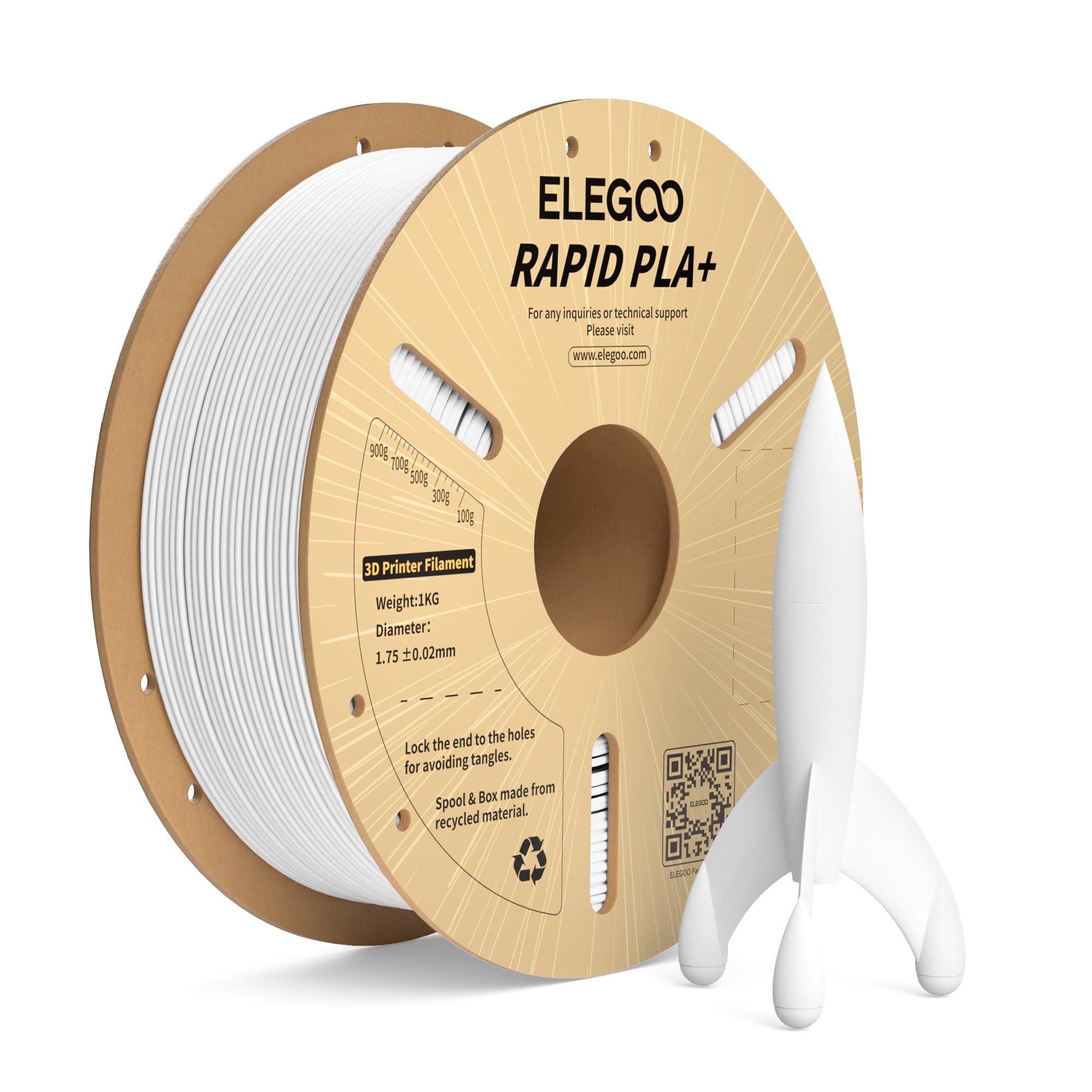 ELEGOO Filamento PLA+ de Alta Velocidad 1.75 1KG Blanco, 30-600mm/s Filamento PLA Plus Rápido para Impresora 3D, Precisión Dimensional +/- 0.02mm, Carrete Filamento 3D, para Mayoría Impresoras 3D