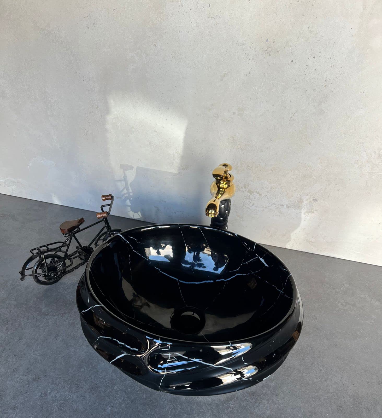 NEXIS Designer Glossy Finish Ceramic Art Wash Basin Vessel Sink Table Top | Collapsible Wash Basin (Black White Glossy Art Wash Basin, 16 x 13 x 6 Inch) 2
