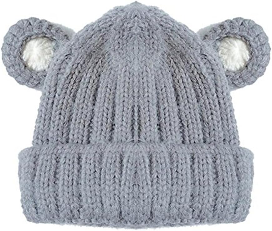 hscd1976 Baby Toddler Winter Warm Hat Cute Ear Pattern Vertical Stripe Knitted Cap Grey