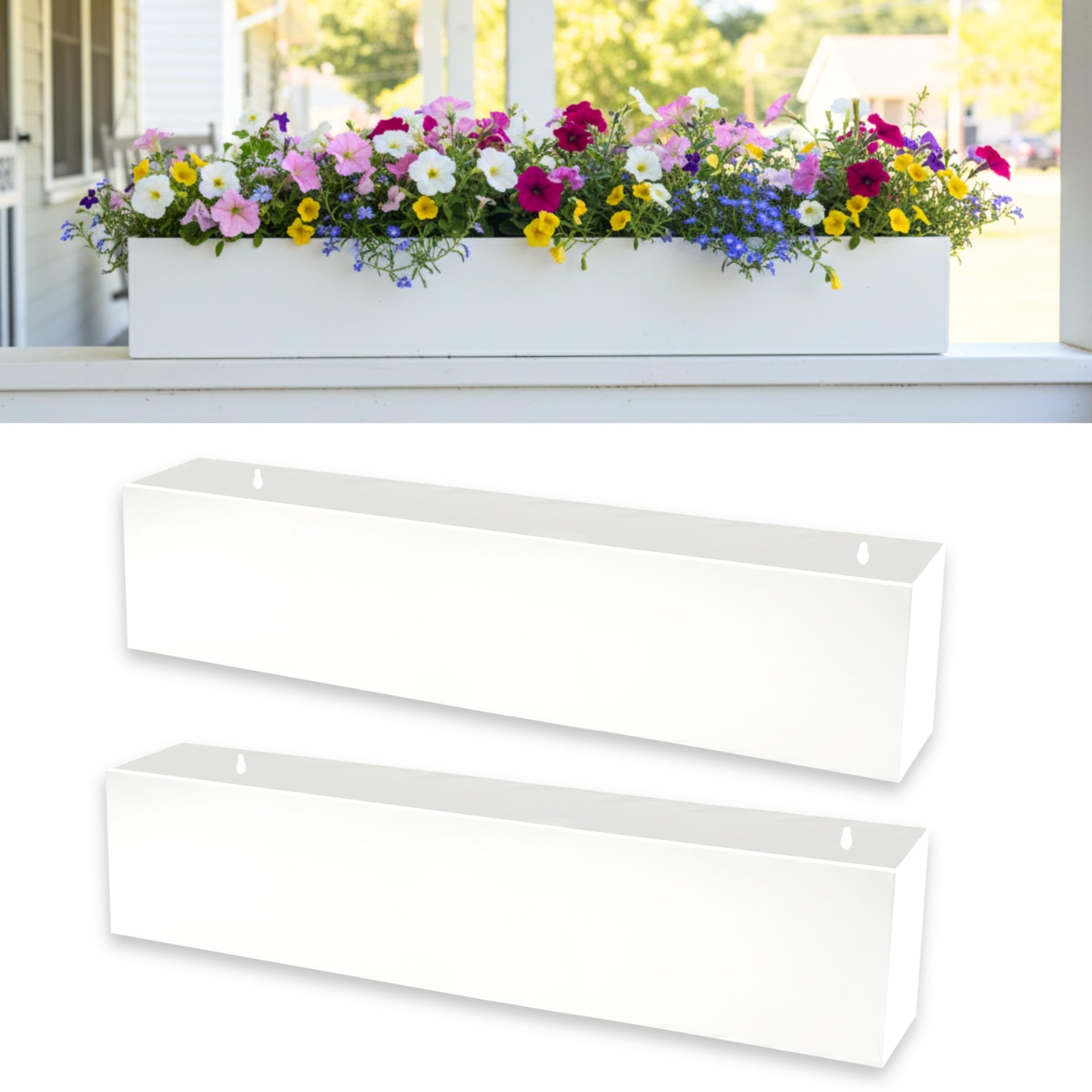 LaLaGreen Wall Planters for Outdoor (36 Inch, 2 Pack) White Carbon Steel Metal Hanging Flower Pots, Long Rectangular Wall Mount Window Box Planters for Succulents, Balcony, Fence, Deck Garden Décor