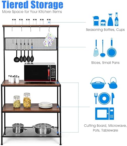 Miniatura 6 de RELAX4LIFE Soporte para microondas con 11 ganchos, estante de metal y patas ajustables para especias, ollas y sartenes, estante de almacenamiento de