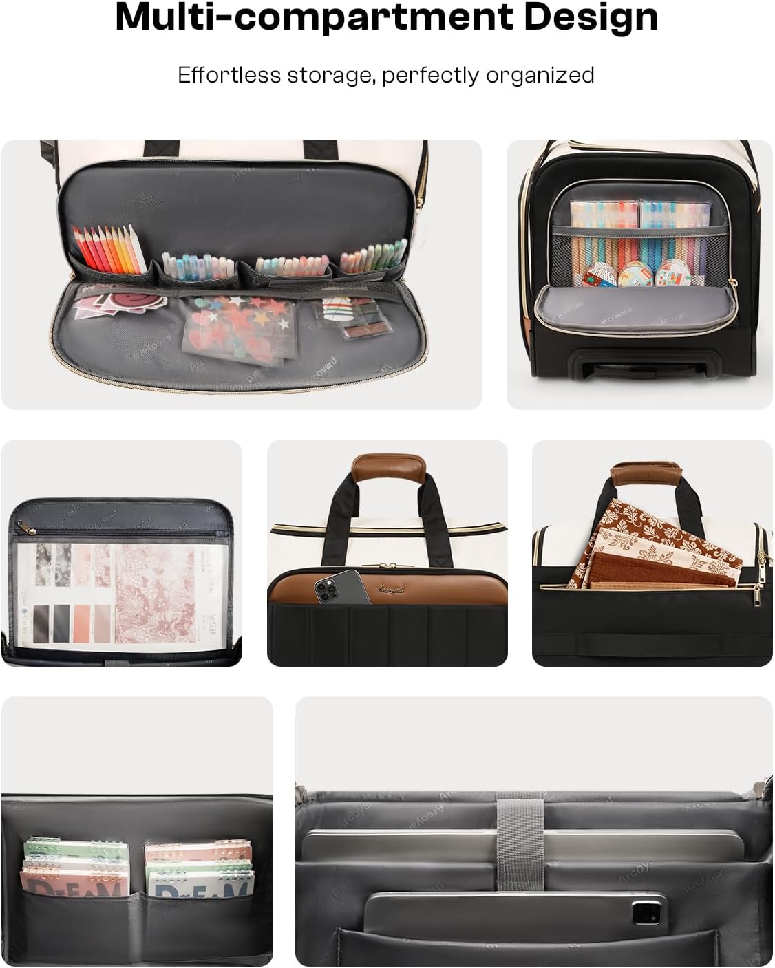 Rolling Craft Bag with Wheels, All-in-One Rolling Scrapbook Tote No Installation Required, Rolling Teacher Bag Fits 16” Laptop, Art bags for supplies for DIY, Sewing, Scrapbooking Supplies,Beige Brown - Image 5