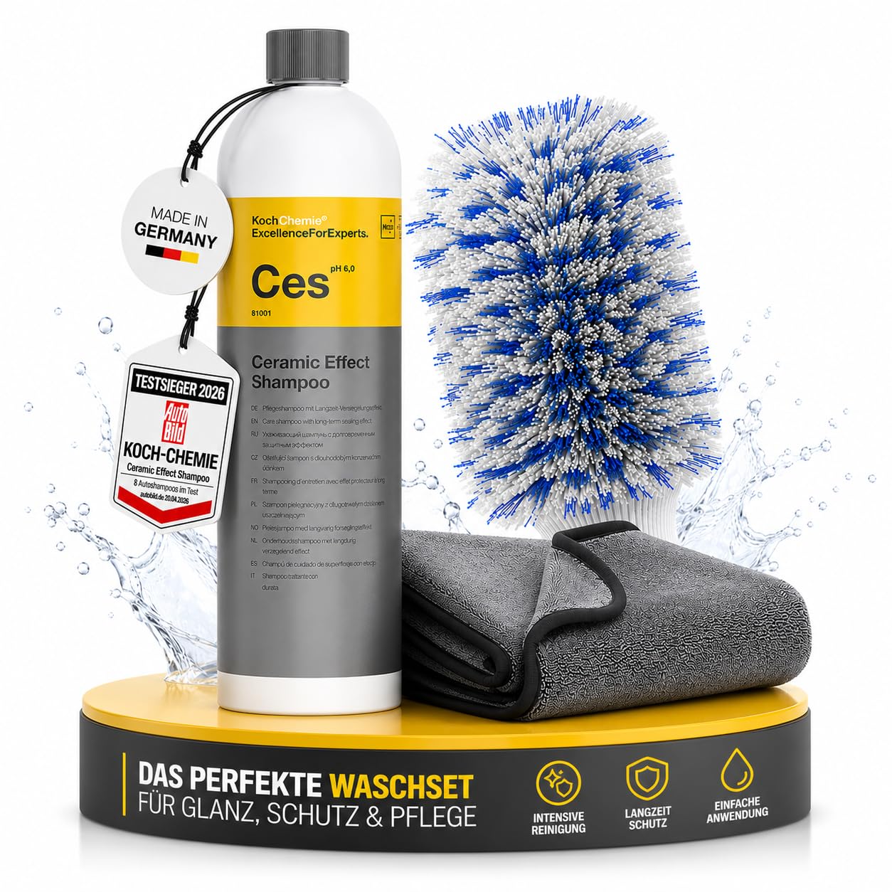 wortek Autoshampoo Set aus Koch Chemie Ceramic Effect Shampoo Ces 1L Set mit Versiegelungseffekt Waschhandschuh Trockentuch Auto Shampoo Keramik Schutzeffekt Keramik Versiegelung Auto
