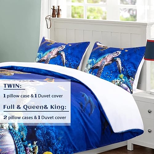 Miniatura 7 de Funda de edredón de 3 piezas de tortuga marina, tamaño matrimonial, arrecifes de coral de peces tropicales oceánicos azules, estampado en 3D,