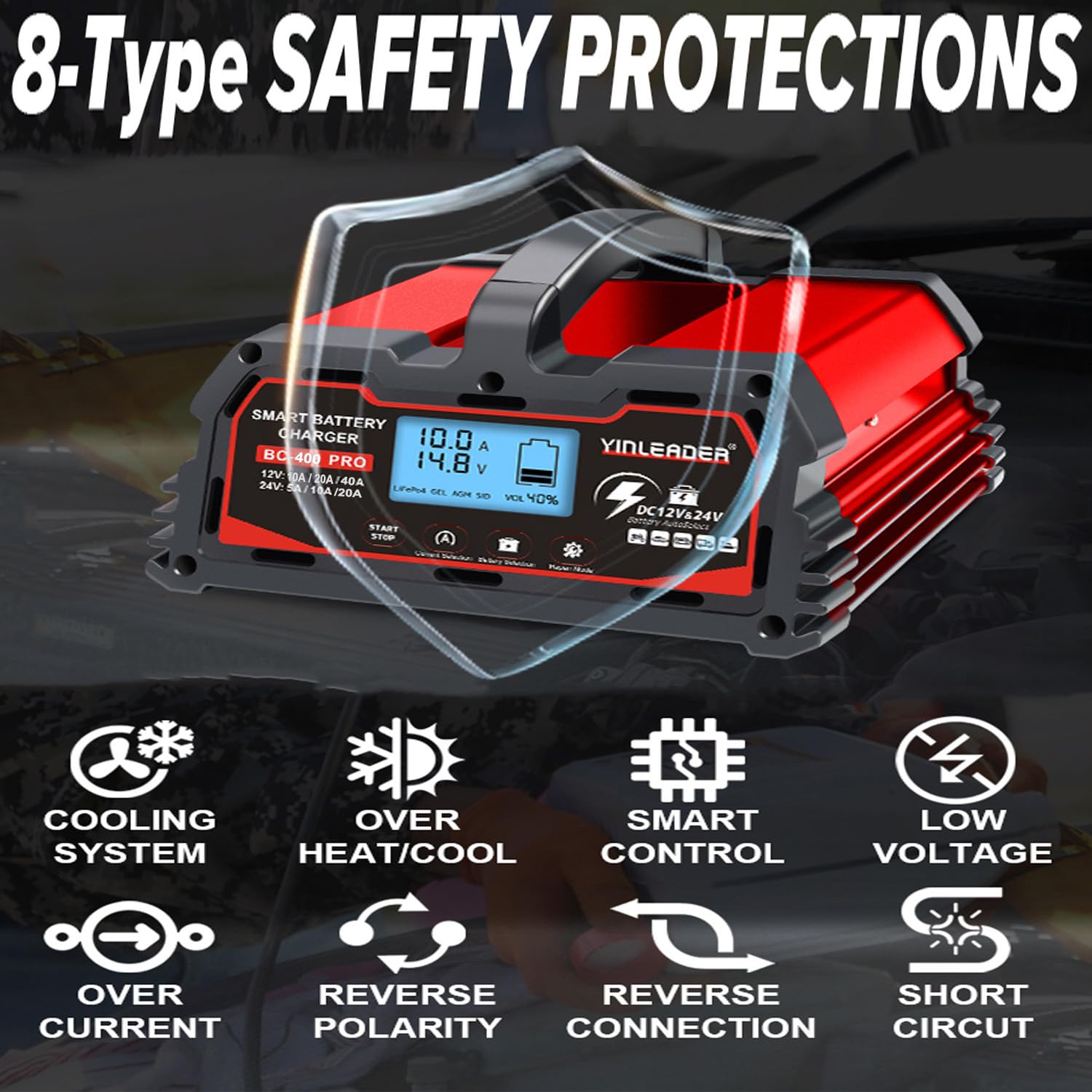 Yinleader Cargador de batería inteligente 40A 12V/24V 20A Cargador de coche LCD Soporte de batería para AGM Moto