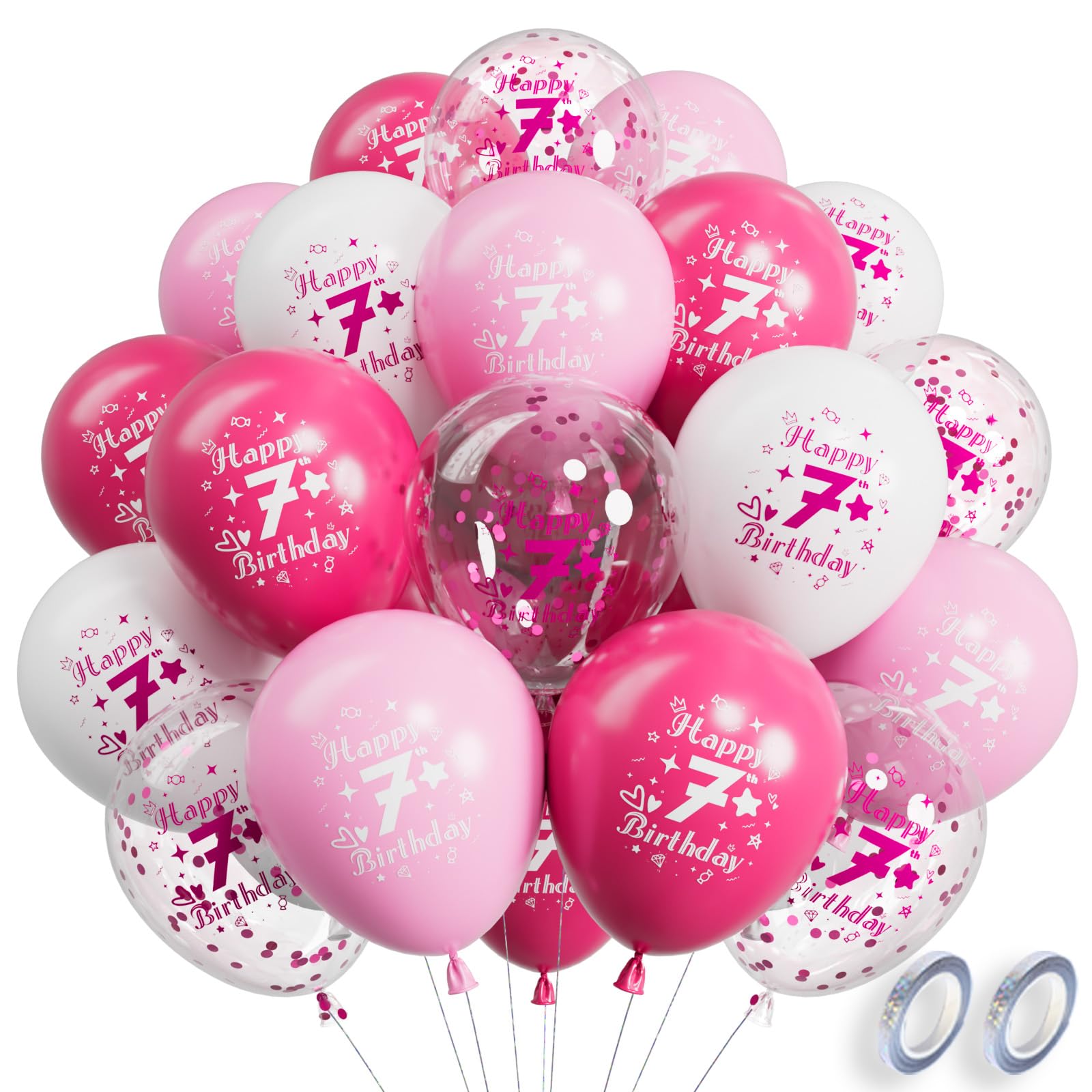 SUWEN Pink 7th Anniversary Balloons 38PCS 12Inch Latex Number Printed Balloons 1-9 Party Anniversary Decorations for Woman