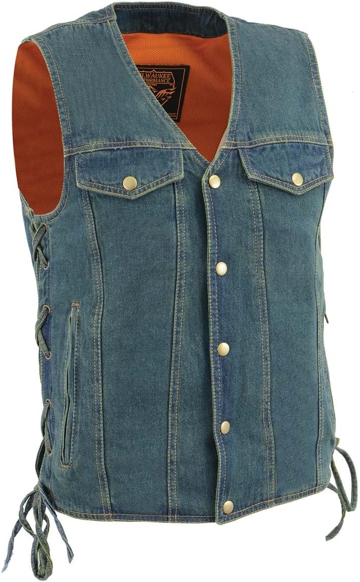 Milwaukee Leather DM1360 Men's Classic Blue Denim Motorcycle Biker Riders Vest w/Adjustable Side Laces