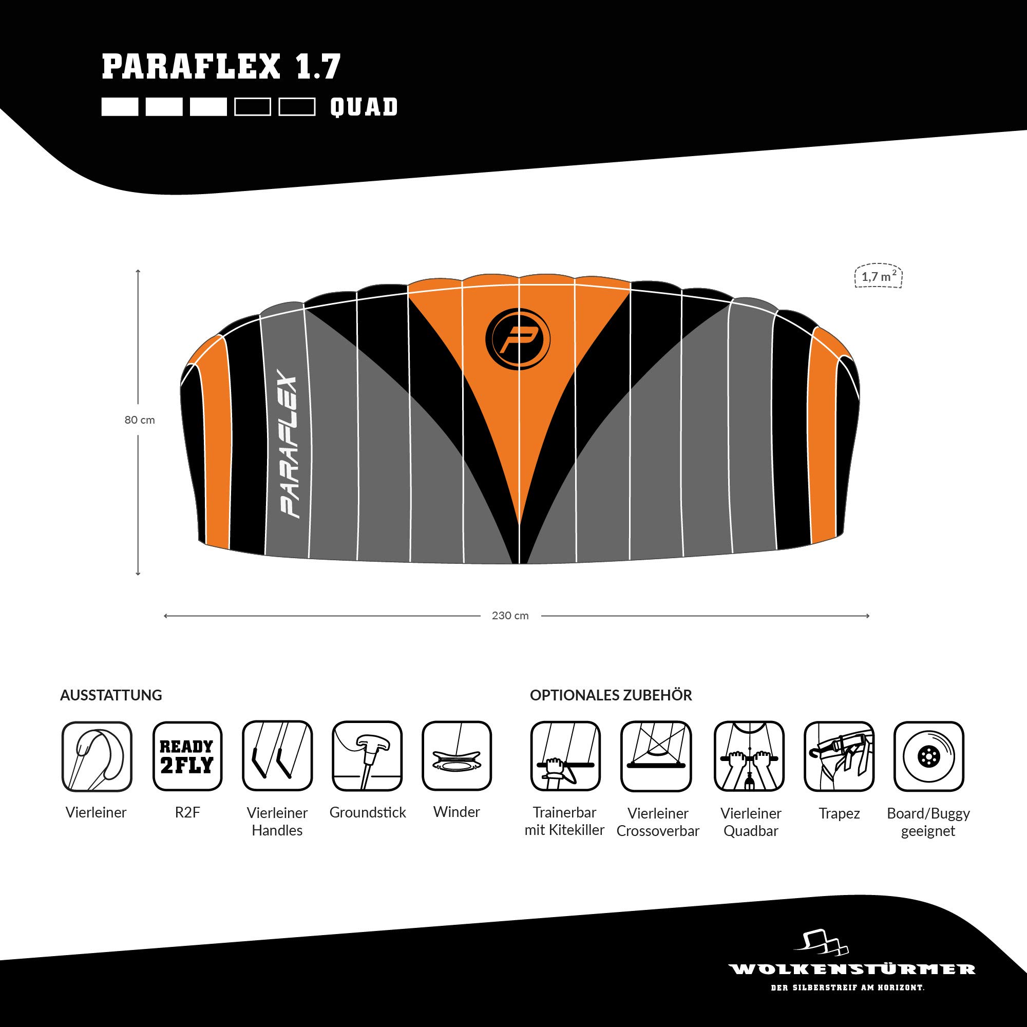 Wolkenstürmer Paraflex Quad 1.7 Alfombra de dirección de acción 4 líneas Cometa Asas con Barra