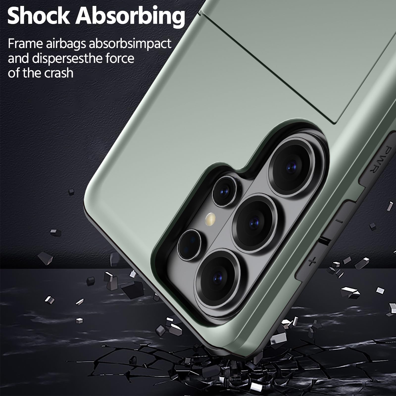 Etui do iPhone 13 Mini 5.4 z ukrytym schowkiem na kartę, pancerne etui z twardego PC miękkiego TPU, smukłe matowe etui z przesuwną kieszenią na 1-2 karty Ciemnozielony