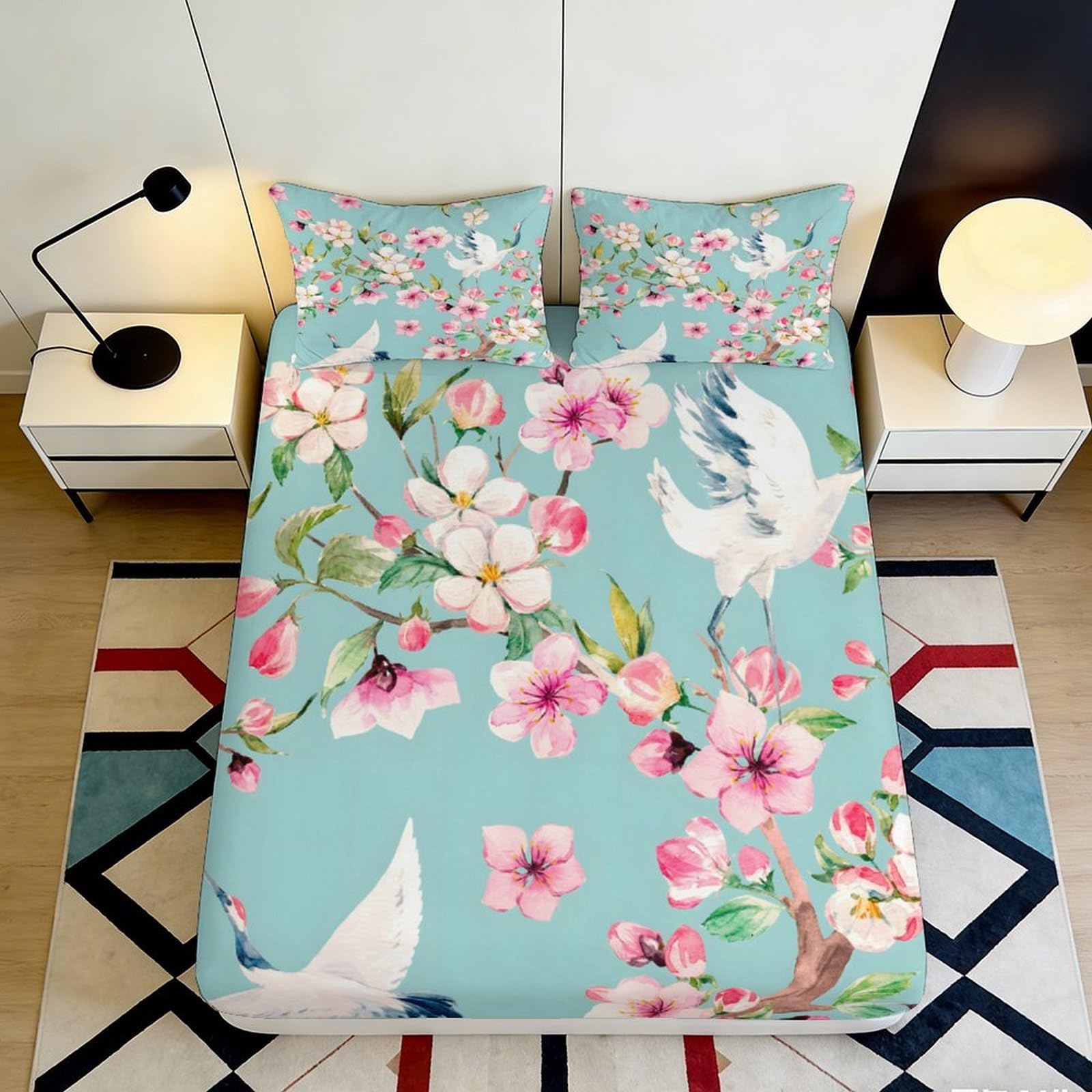 3D Printed Floral Crane Fitted Sheet Microfiber Soft Breathable Cherry Blossom Bed Cover for Bedroom Dormitory Guest Room Mattress Protection Decor 120x200x25cm