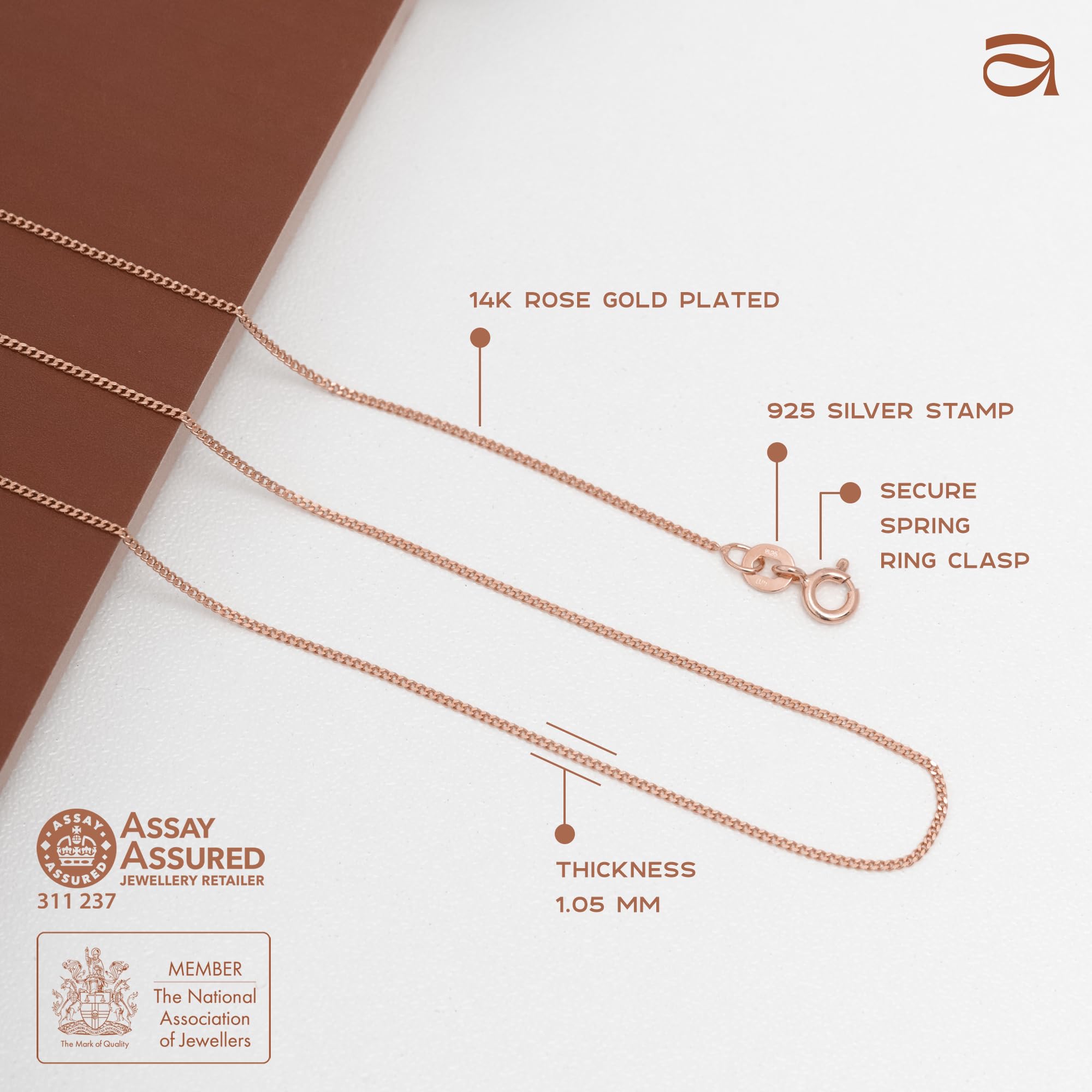 Amberta 14-karatowe różowe złoto platerowane srebrem próby 925 1,3 mm łańcuszek pancerka naszyjnik 35 cm 40 cm 45 cm 50 cm 56 cm 61 cm 71 cm w