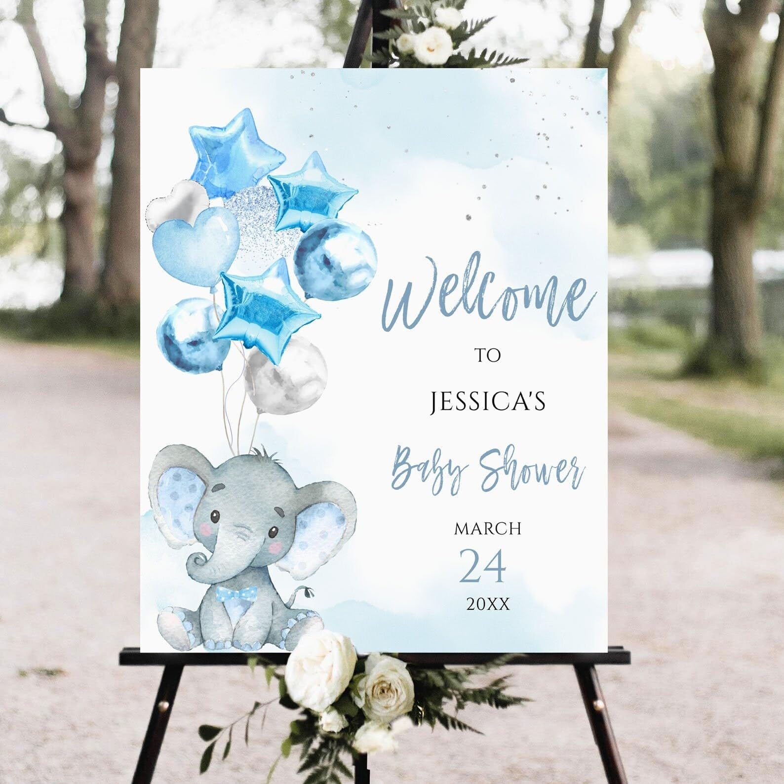 Blue Floral Elephant Baby Welcome Poster - Shower Sign With Balloons