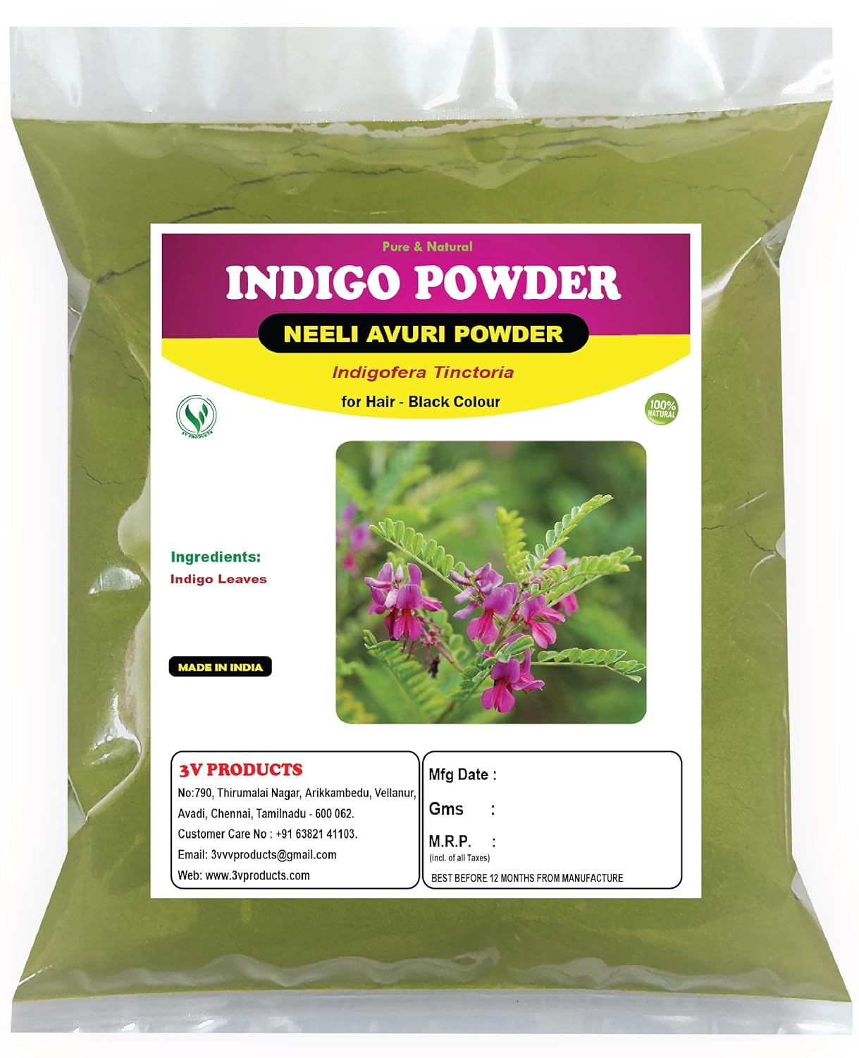3V PRODUCTS Natural Indigo Powder for Hair Black Colour 400 Grams | Neeli Avuri | Neel Patti | Indigofera Tinctoria for Natural Hair Coloring (Pack of 4x100g)-image-21