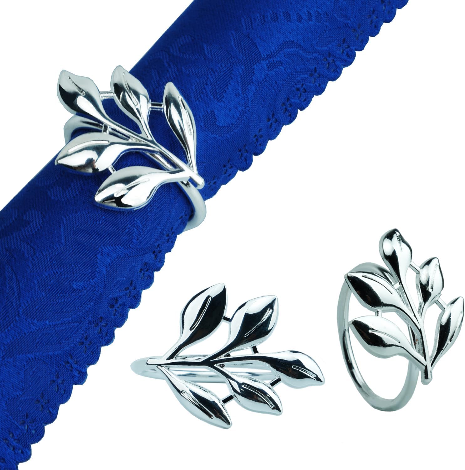 Silver Napkin Rings Set of 6, Napkin Rings Set Metal Napkin Holders Buckle for Cloth Napkins for Wedding, Easter, Banquet, Tea Party, Birthday, Thanksgiving Dining Table Decor (Leaf Shaped)