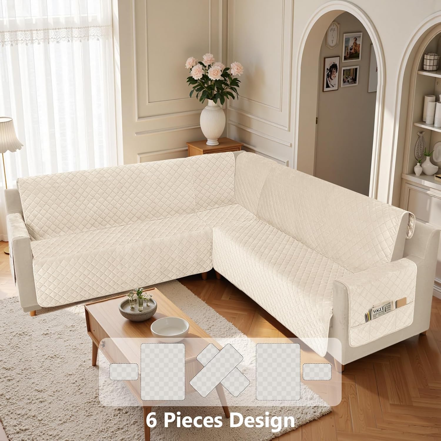 Waterproof Corner Sectional Couch Covers for L Shape Sofa Velvet 6 Piece U Shaped Couch Cover for Dogs Pets Washable Non Slip Sofa Slipcovers Protector for Living Room (XX-Large, Beige)