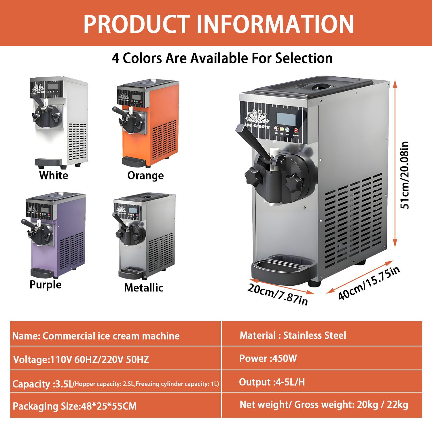 Máquina de Helados de Servicio Suave, encimera 3.5L, 4-5 L/H, Sistema de refrigeración por Aire con Panel led, Ideal para restaurantes y Tiendas