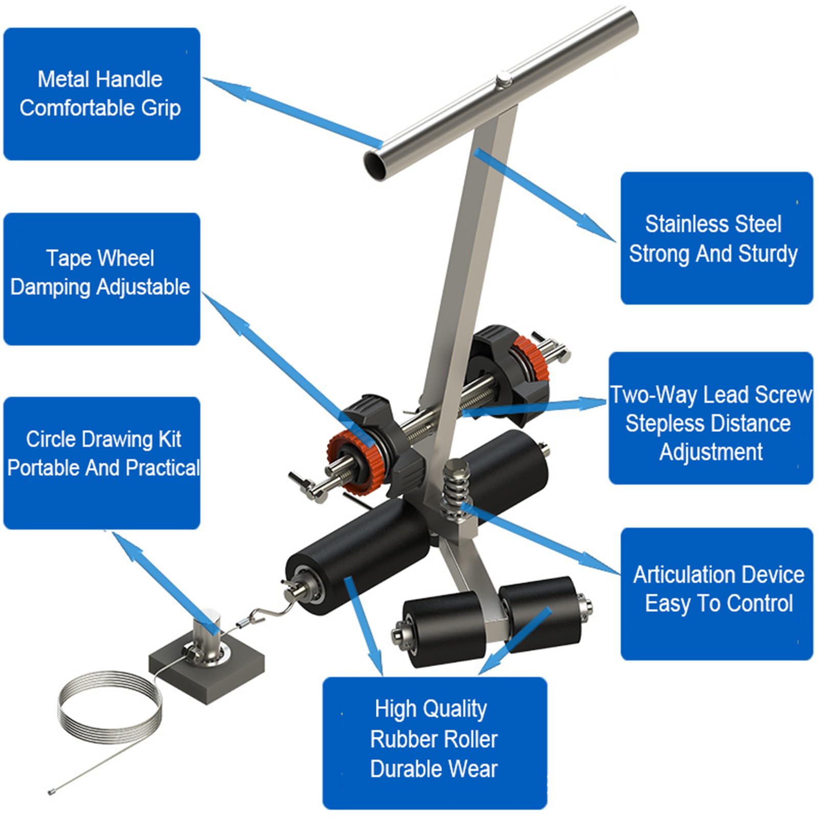 Applicateur Manuel De Ruban Adhésif Pour Sols, Machine De Marquage Avec Kit De Cercles De Traçage, Espacement Réglable : 3-15 Cm, Hauteur De La Poignée : 55-80 Cm, Pour Allées, Garages, Terrains De S